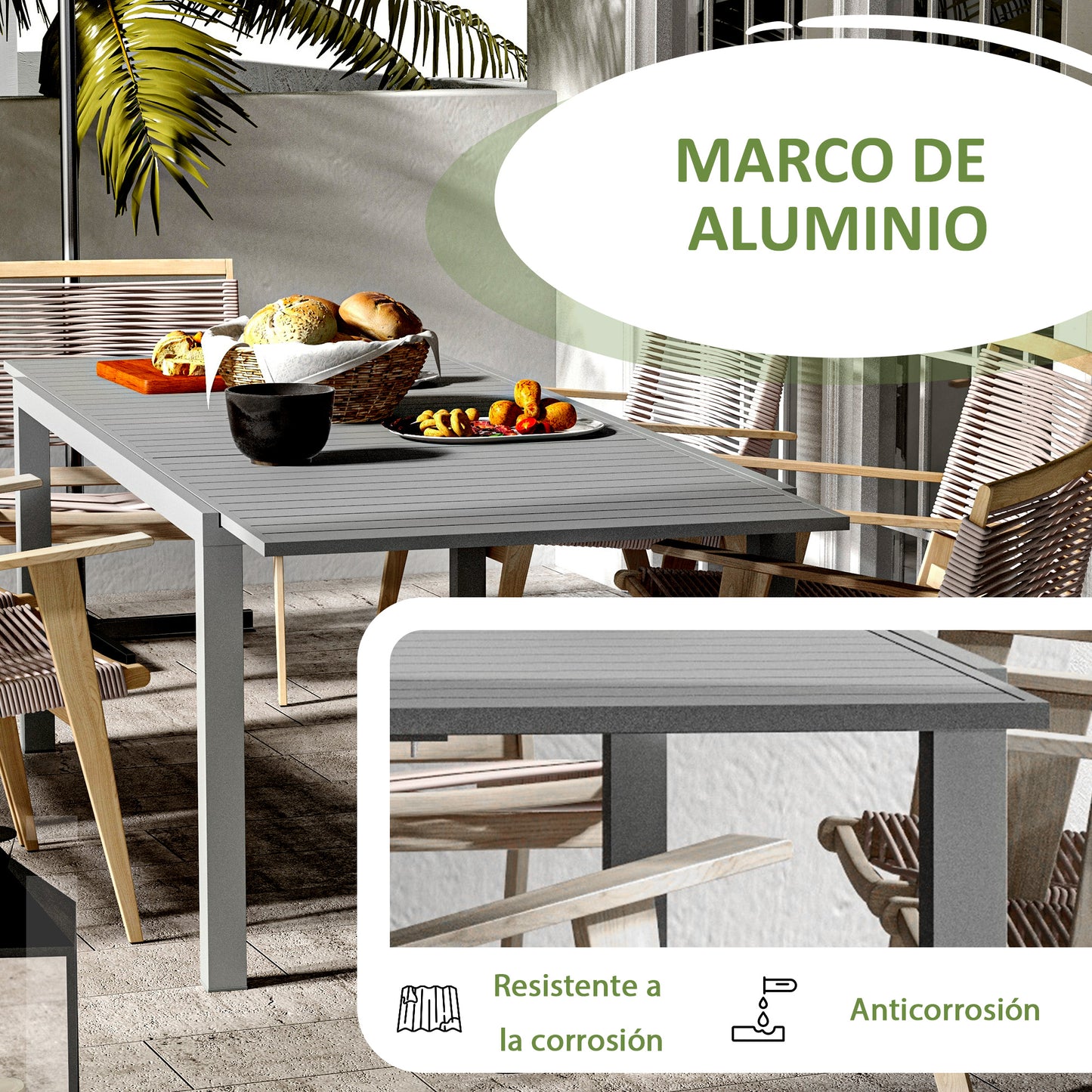 Outsunny Mesa de Jardín Extensible de Aluminio Mesa de Comedor Exterior Mesa de Terraza Rectangular para 6 -8 Personas Carga 50 kg para Balcón 180/240x94x73 cm Gris Oscuro