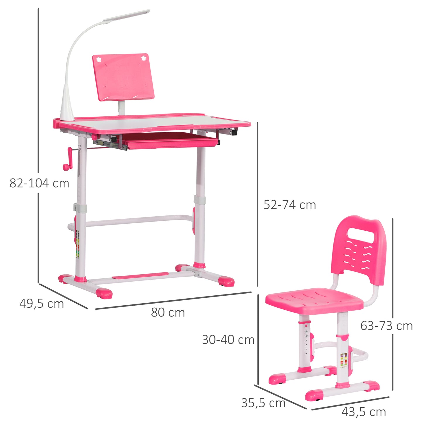 HOMCOM Juego de Escritorio y Silla para Niños de +6 Años Pupitre Infantil con Altura Ajustable Mesa Inclinable Cajón Lámpara LED y Portalápices 80x49,5x82-104 cm y 35,5x43,5x63-73 cm Rosa