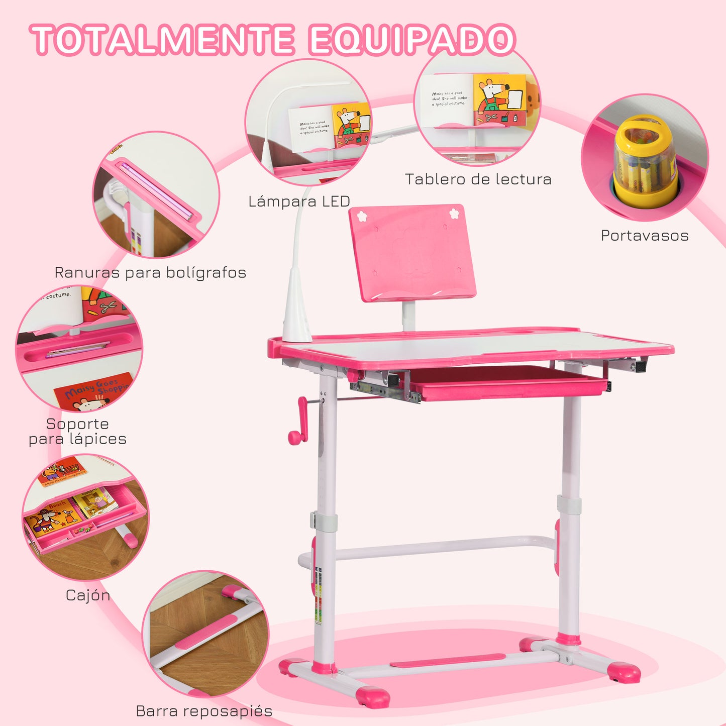 HOMCOM Juego de Escritorio y Silla para Niños de +6 Años Pupitre Infantil con Altura Ajustable Mesa Inclinable Cajón Lámpara LED y Portalápices 80x49,5x82-104 cm y 35,5x43,5x63-73 cm Rosa