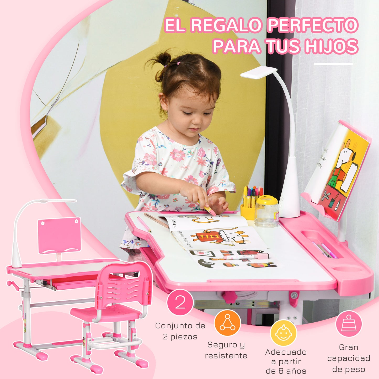 HOMCOM Juego de Escritorio y Silla para Niños de +6 Años Pupitre Infantil con Altura Ajustable Mesa Inclinable Cajón Lámpara LED y Portalápices 80x49,5x82-104 cm y 35,5x43,5x63-73 cm Rosa