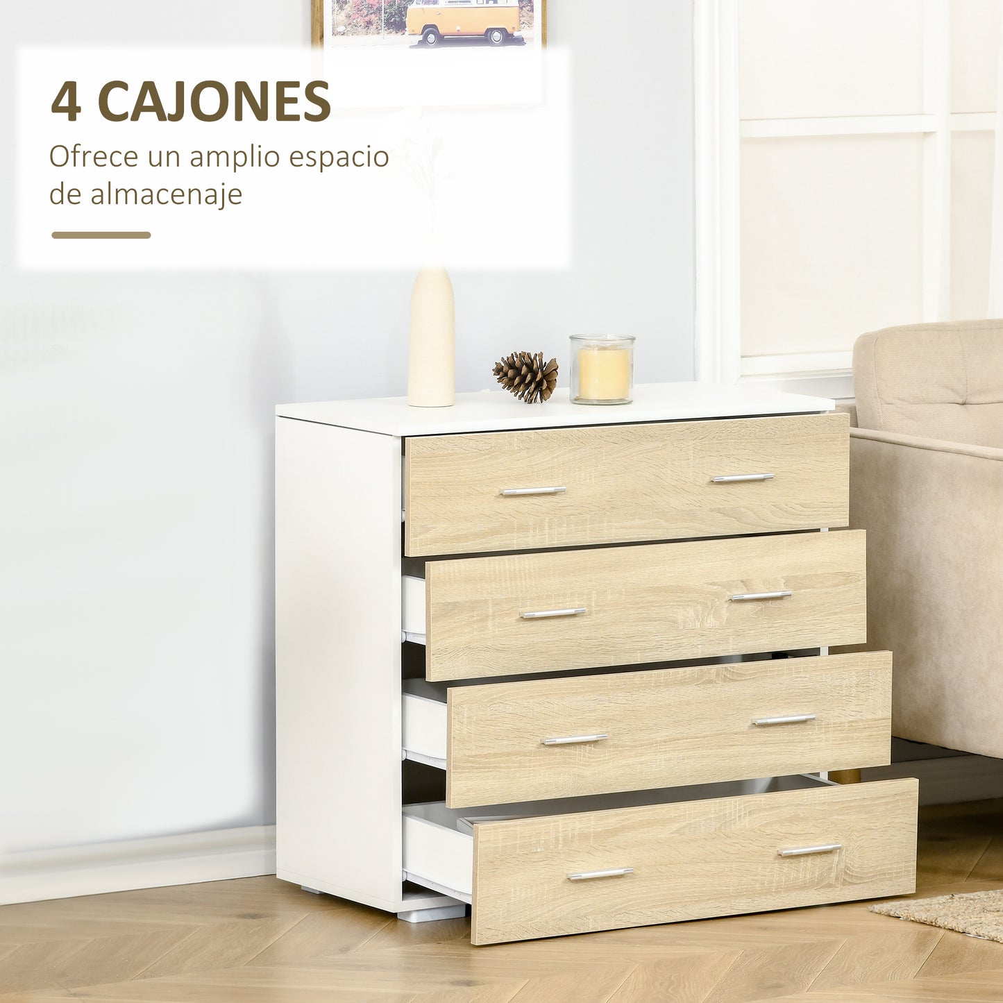 HOMCOM Cómoda con 4 Cajones Cajonera Auxiliar de Almacenaje Moderna para Dormitorio Pasillo Sala de Estar 76x35x72 cm Acabado en Color Roble y Blanco