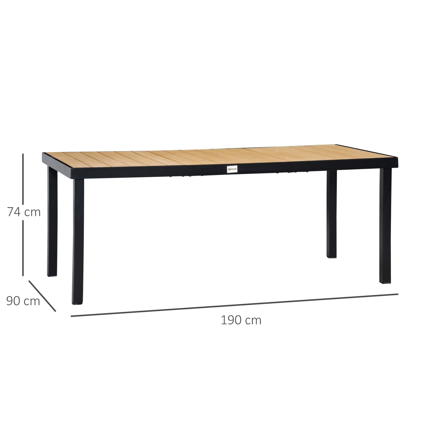 Outsunny Mesa de Jardín de Aluminio Rectangular para 8 Personas Mesa de Exterior 190x90x74 cm con Encimera de Listones para Terraza Balcón Natural y Negro