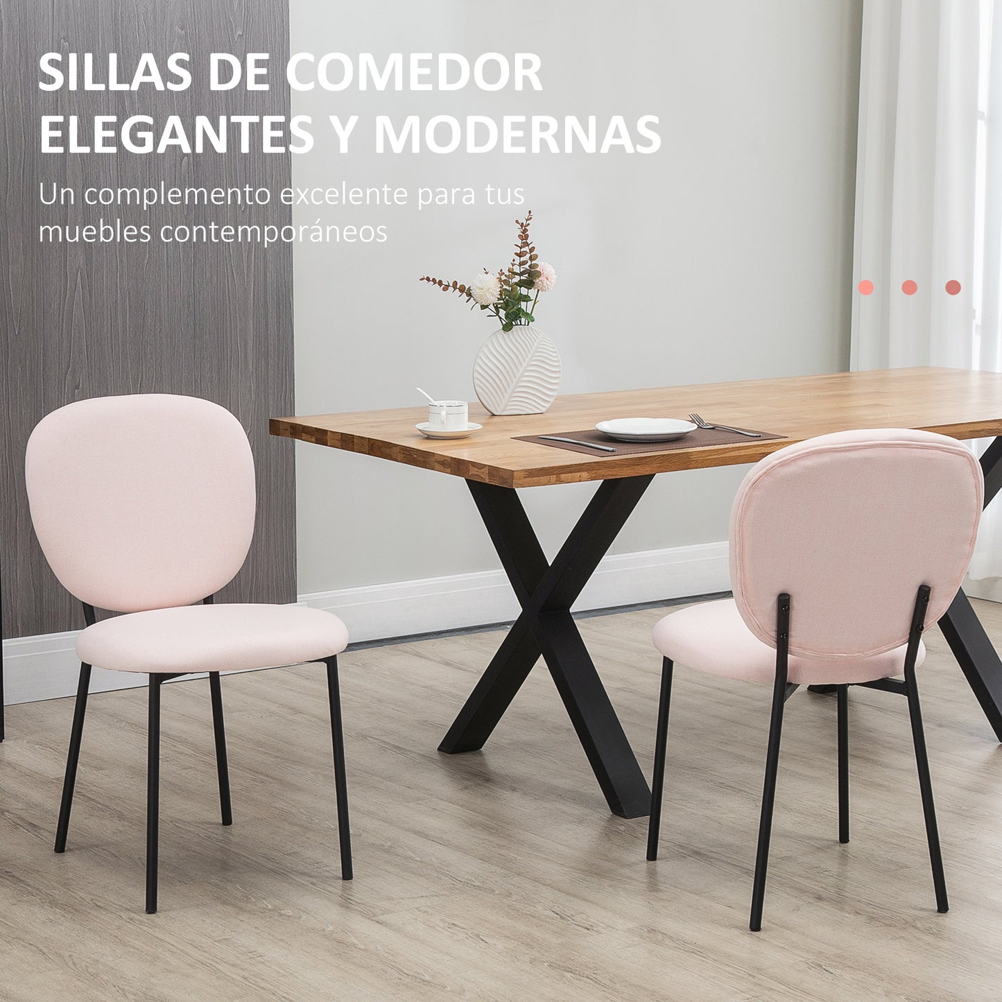 HOMCOM Juego de 2 Sillas de Comedor Sillas de Cocina Tapizado en Tela con Respaldo y Patas de Acero Sillas Decorativas para Salón Carga 120 kg 46x59x82 cm Rosa Claro