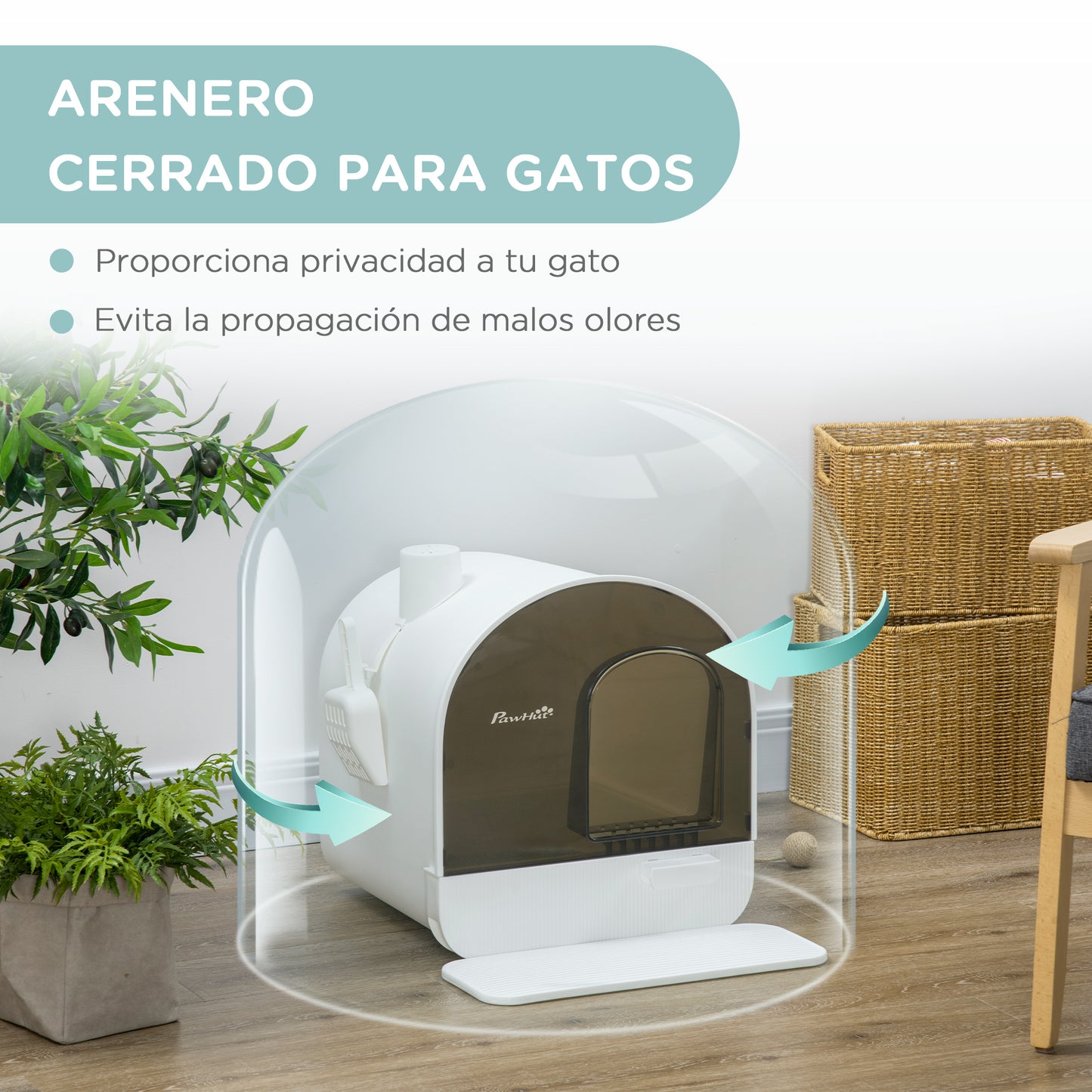 PawHut Caja de Arena para Gatos Arenero Cerrado para Gatos con Puerta Delantera Bandeja Extraíble Pala Alfombra y Filtro 43x44x47 cm Blanco