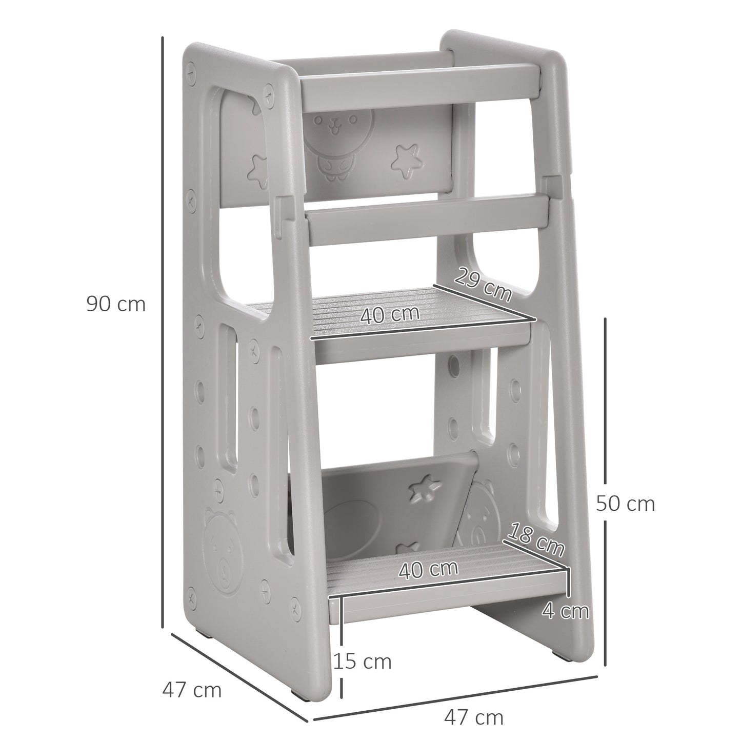 HOMCOM Torre de Aprendizaje para Niños Taburete Infantil con Altura Ajustable en 3 Posiciones y Plataforma Antideslizante para Cocina Comedor Baño 47x47x90 cm Gris