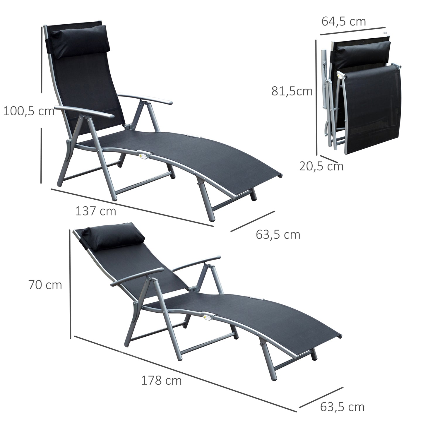 Outsunny Tumbona Plegable Tumbona de Jardín con Respaldo Ajustable en 7 Niveles Almohada y Reposabrazos Carga 165 kg para Piscina Terraza Camping 137x63,5x100,5 cm Negro