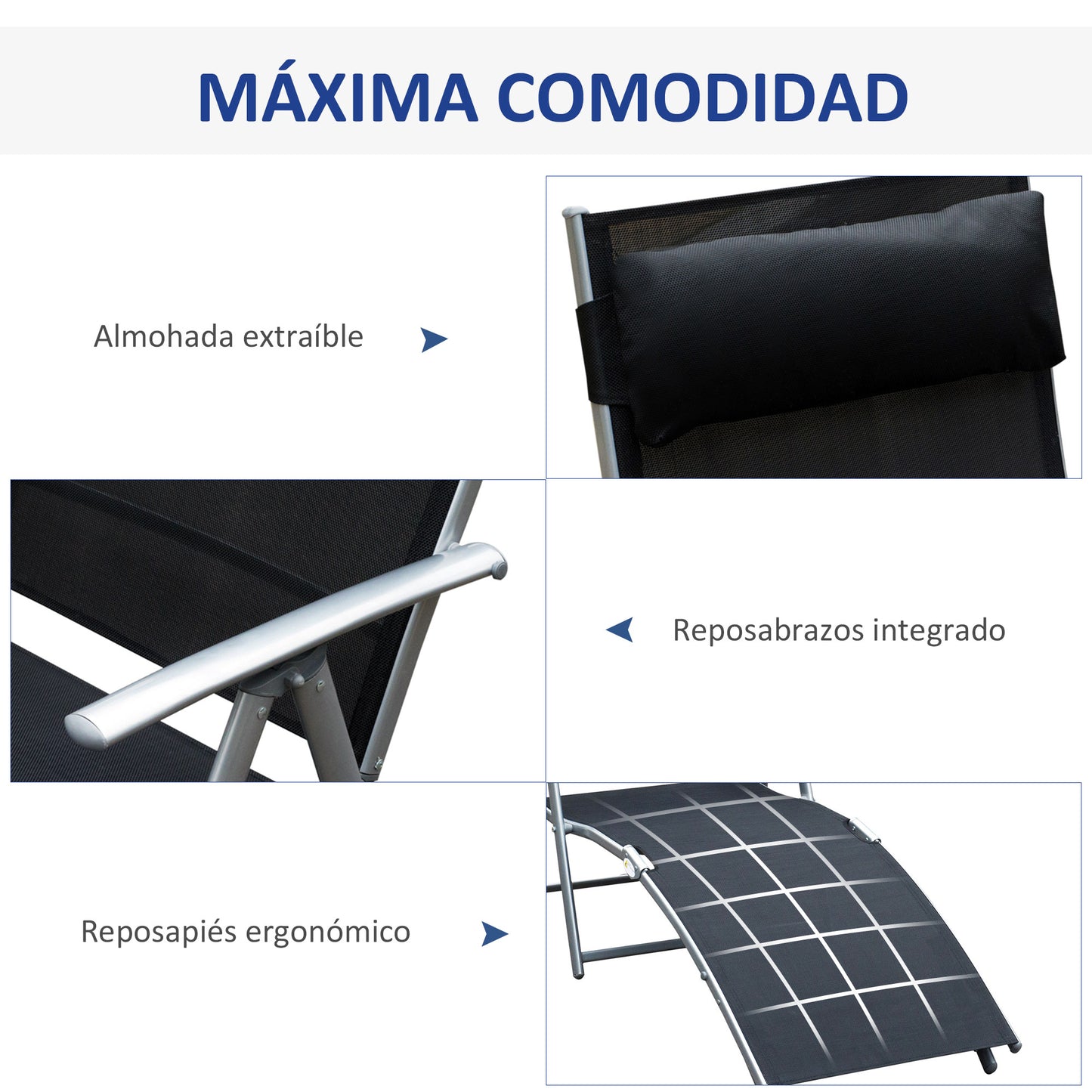 Outsunny Tumbona Plegable Tumbona de Jardín con Respaldo Ajustable en 7 Niveles Almohada y Reposabrazos Carga 165 kg para Piscina Terraza Camping 137x63,5x100,5 cm Negro