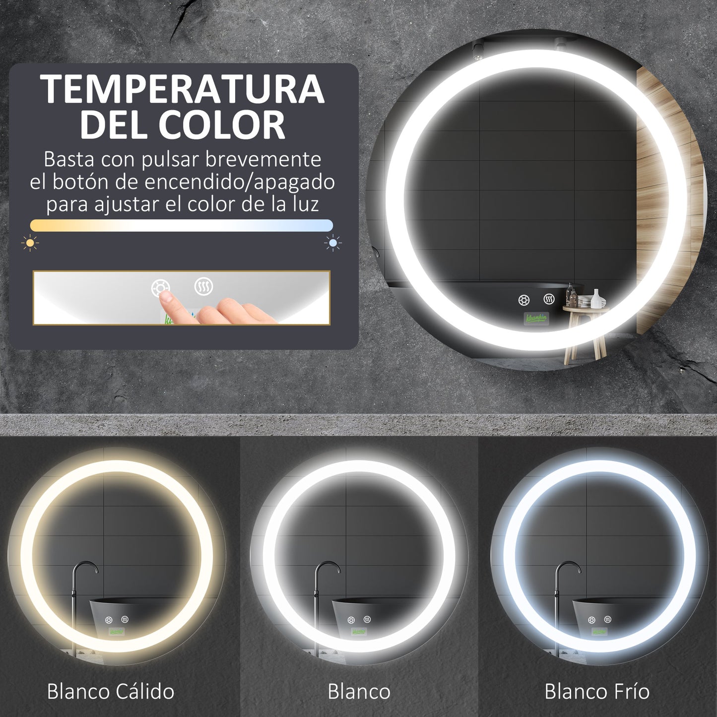 kleankin Espejo de Baño con Luz LED Ø50x4,6 cm Espejo Redondo de Pared con Interruptor Táctil 3 Luces Ajustables Función de Memoria y Antivaho Marco de Aluminio Plata