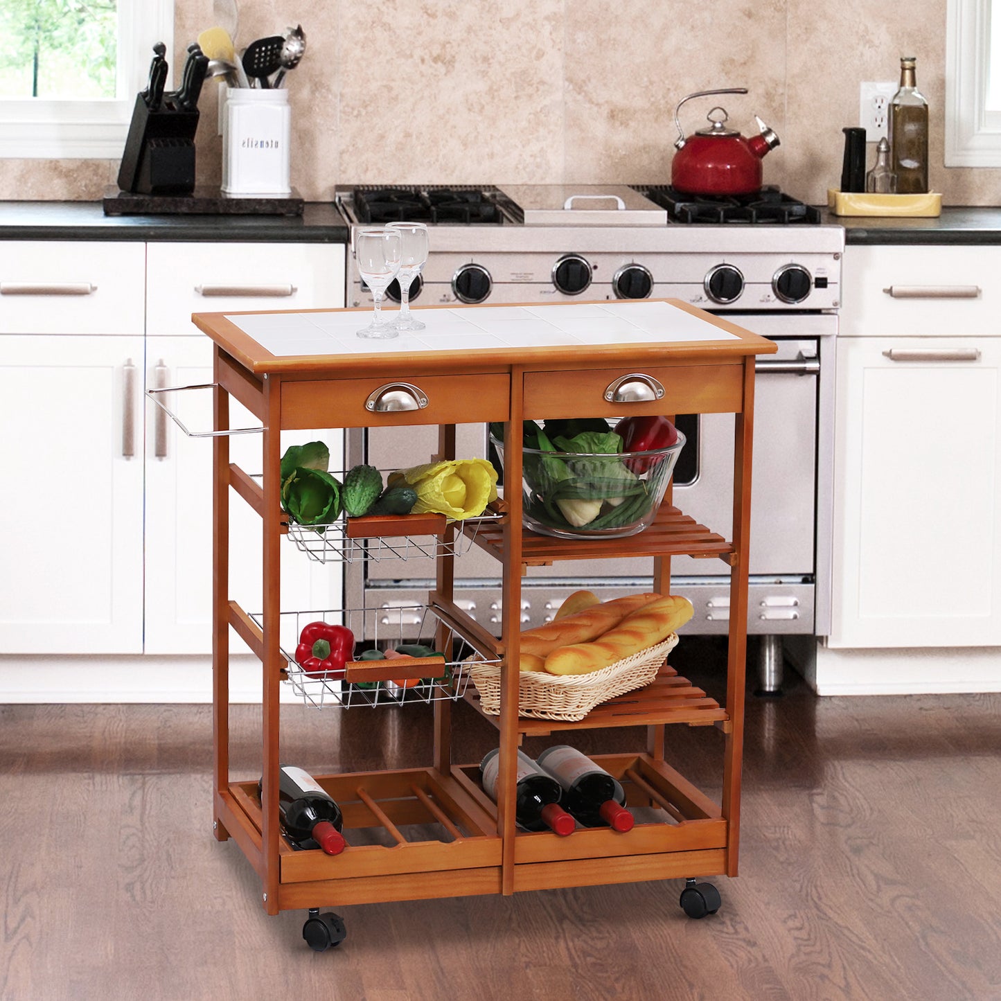 HOMCOM Carrito para Cocina Multifuncional Carrito Auxiliar de Madera con Gran Espacio de Almacenaje Cajones Cestas Estantes 4 Ruedas Freno