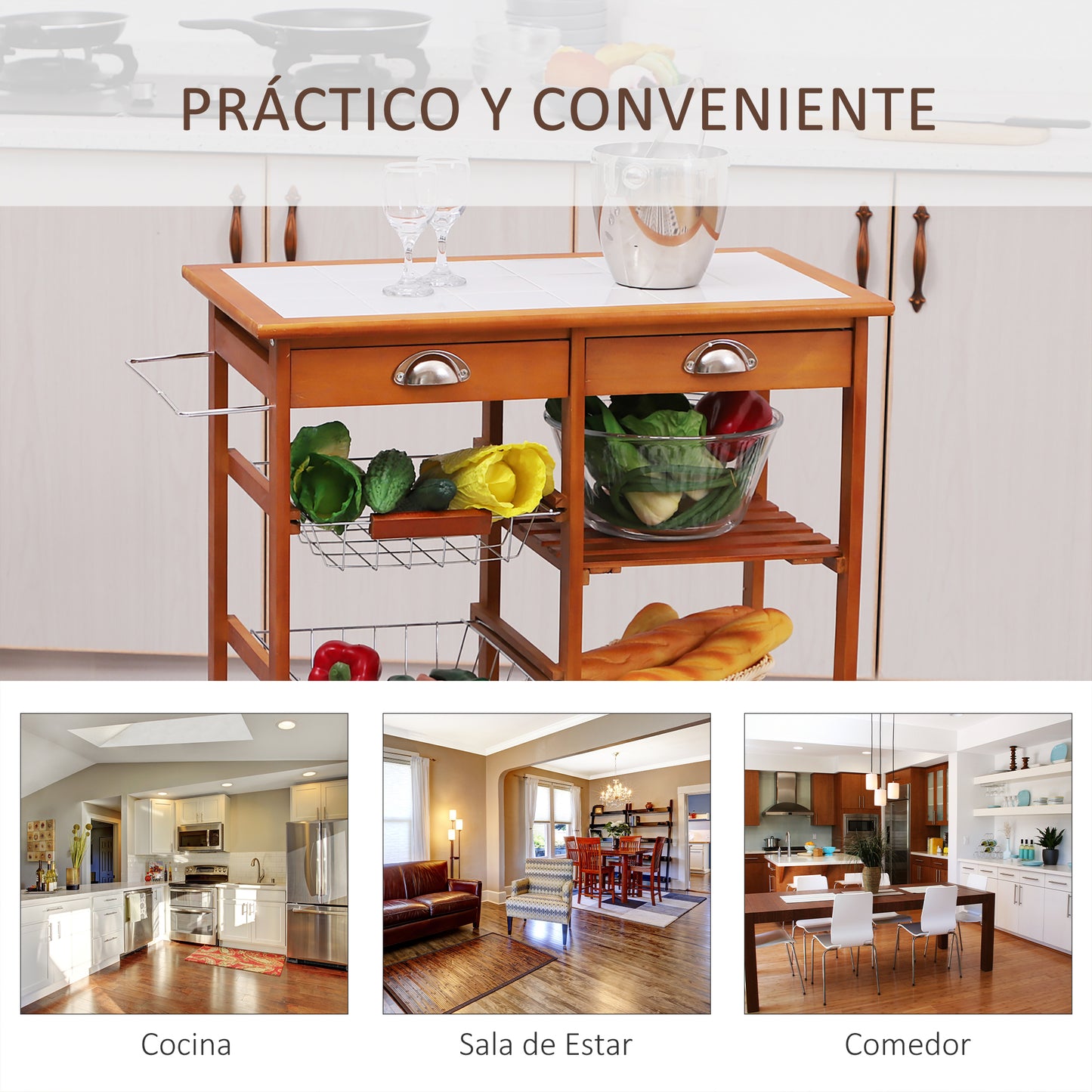 HOMCOM Carrito para Cocina Multifuncional Carrito Auxiliar de Madera con Gran Espacio de Almacenaje Cajones Cestas Estantes 4 Ruedas Freno