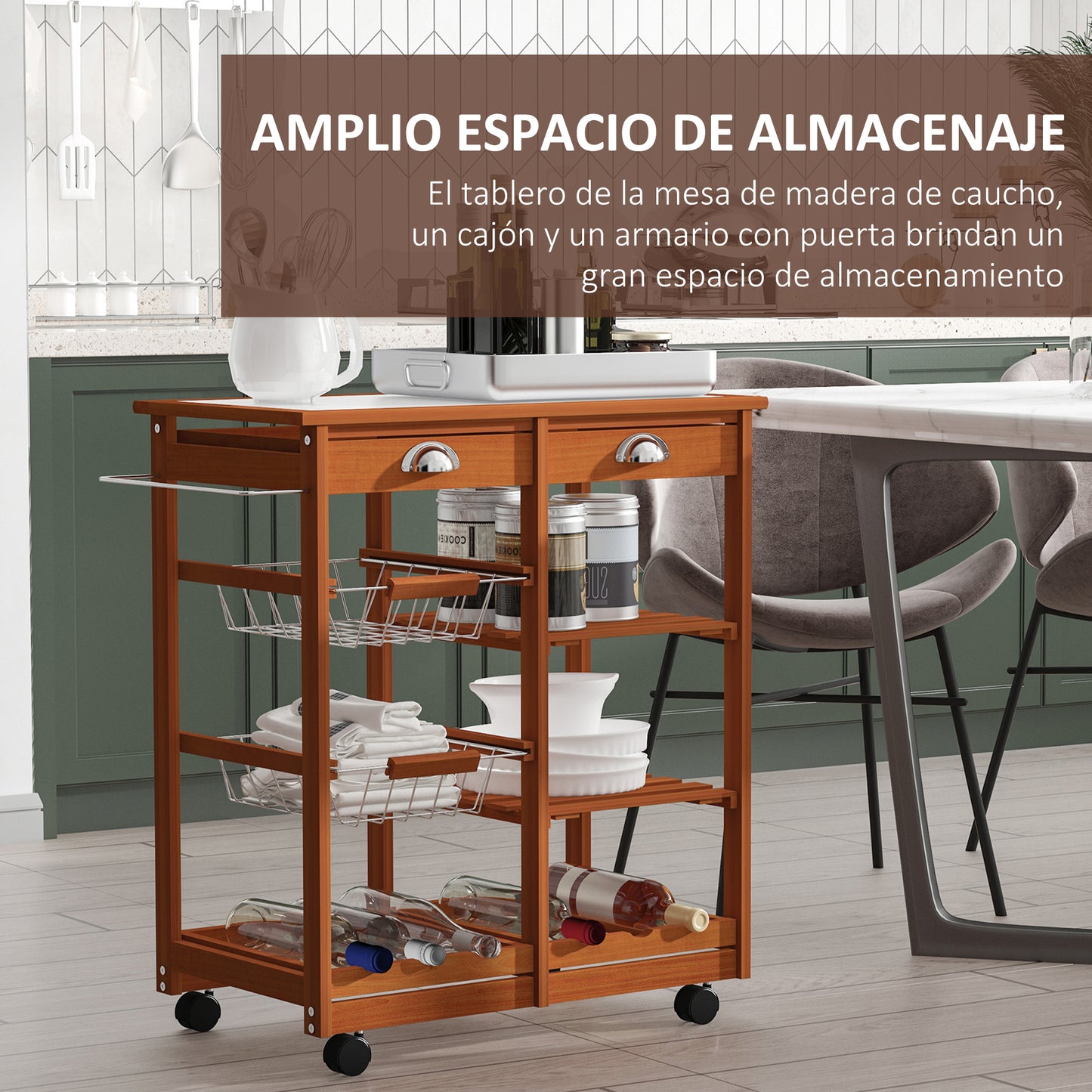 HOMCOM Carrito para Cocina Multifuncional Carrito Auxiliar de Madera con Gran Espacio de Almacenaje Cajones Cestas Estantes 4 Ruedas Freno