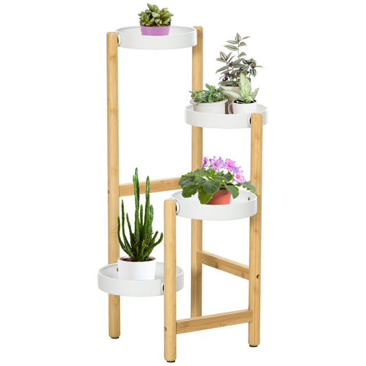 Outsunny Soporte para Plantas Estantería para Plantas con Pies de Bambú Estantería para Flores con 4 Estantes Redondos Carga 20 kg para Interior y Exterior Ø28x80 cm Natural y Blanco