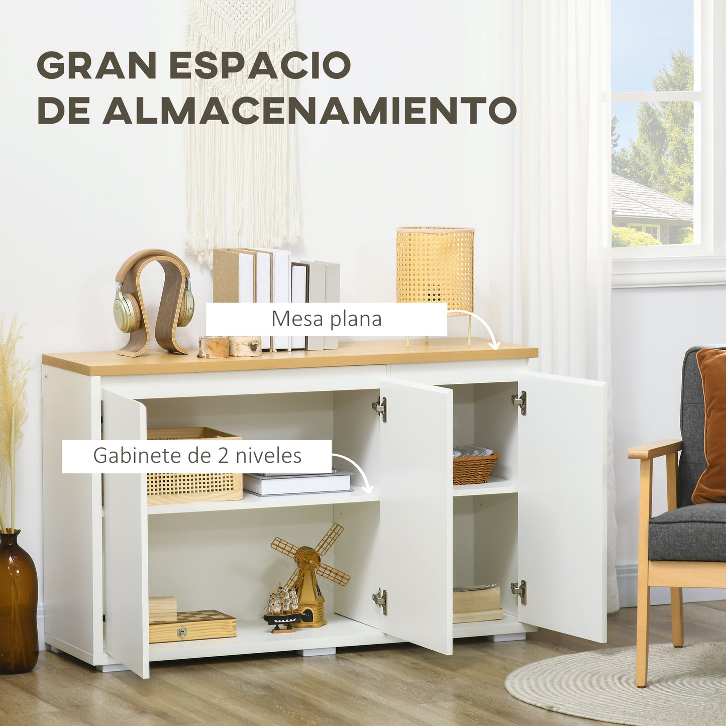 HOMCOM Aparador de Salón Armario de Almacenamiento Mueble Auxiliar de Cocina con 3 Puertas y Estantes Ajustables para Comedor Entrada 120x37x75 cm Blanco