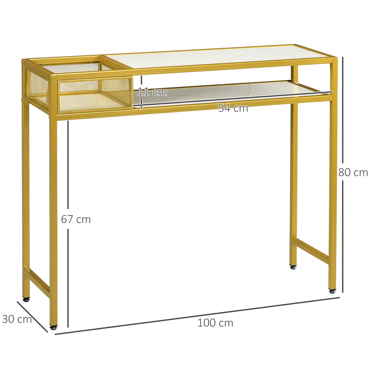 HOMCOM Mesa Consola Mesa de Entrada con Estante Cesta de Almacenamiento y Marco de Acero Mueble Recibidor para Salón Pasillo Carga 50 kg 100x30x80 cm Oro y Blanco