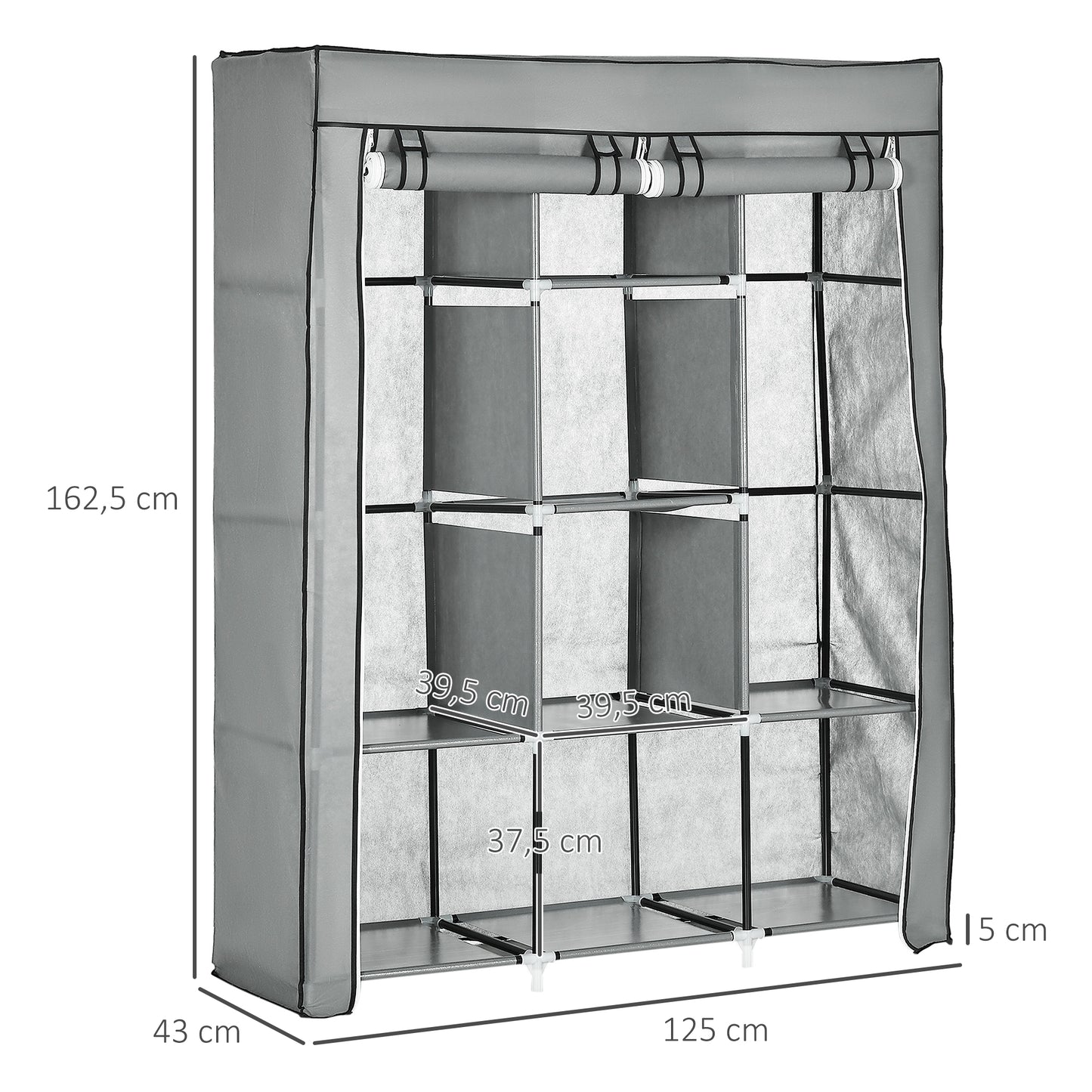 HOMCOM Armario de Tela Plegable Armario de Ropa Organizador Ropero Portátil con Estantes y Barra para Colgar para Dormitorio Vestidor 125x43x162,5 cm Gris Claro