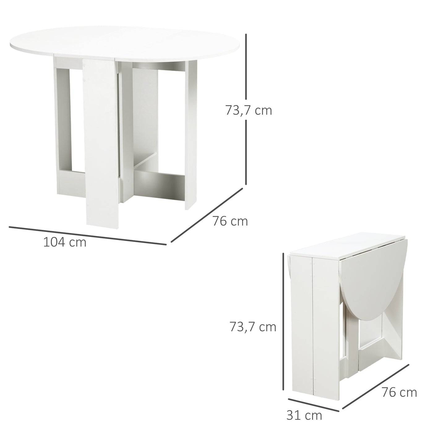 HOMCOM Mesa de Comedor Plegable con 2 Alas Abatibles Mesa Auxiliar de Madera para Cocina Salón 104x76x73,7 cm Blanco