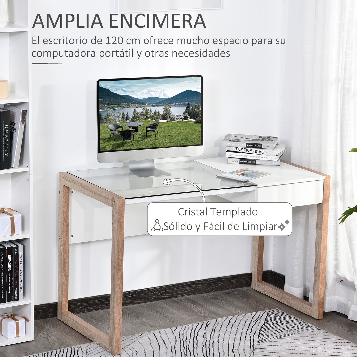 HOMCOM Mesa de Ordenador Mesa de Escritorio Diseño Moderno con Tablero de Vidrio Templado Cajón Combinación de Estilos para Oficina Estudio 120x60x75 cm Blanco