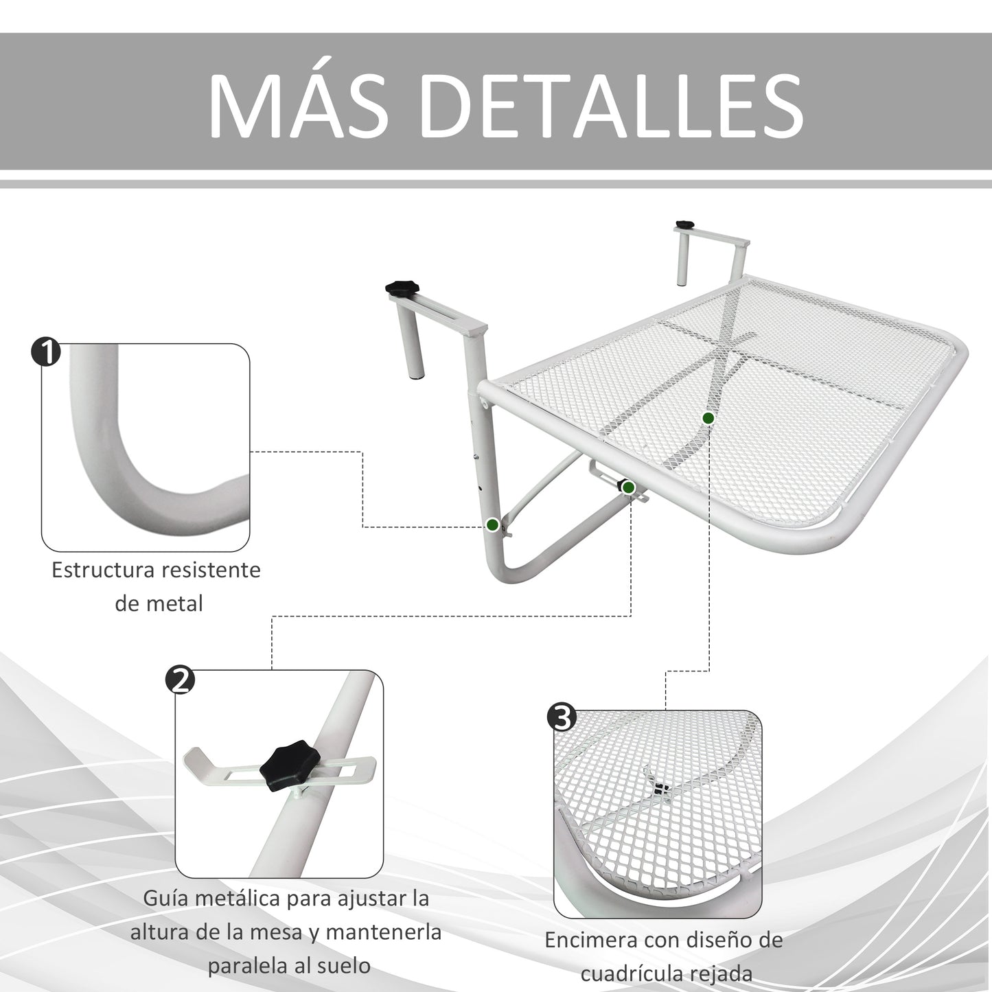 Outsunny Mesa Colgante de Balcón con Brazo Regulable y Altura Ajustable en 3 Posiciones Marco Metálico Carga Máx. 30 kg 60x56,5x45 cm Blanco