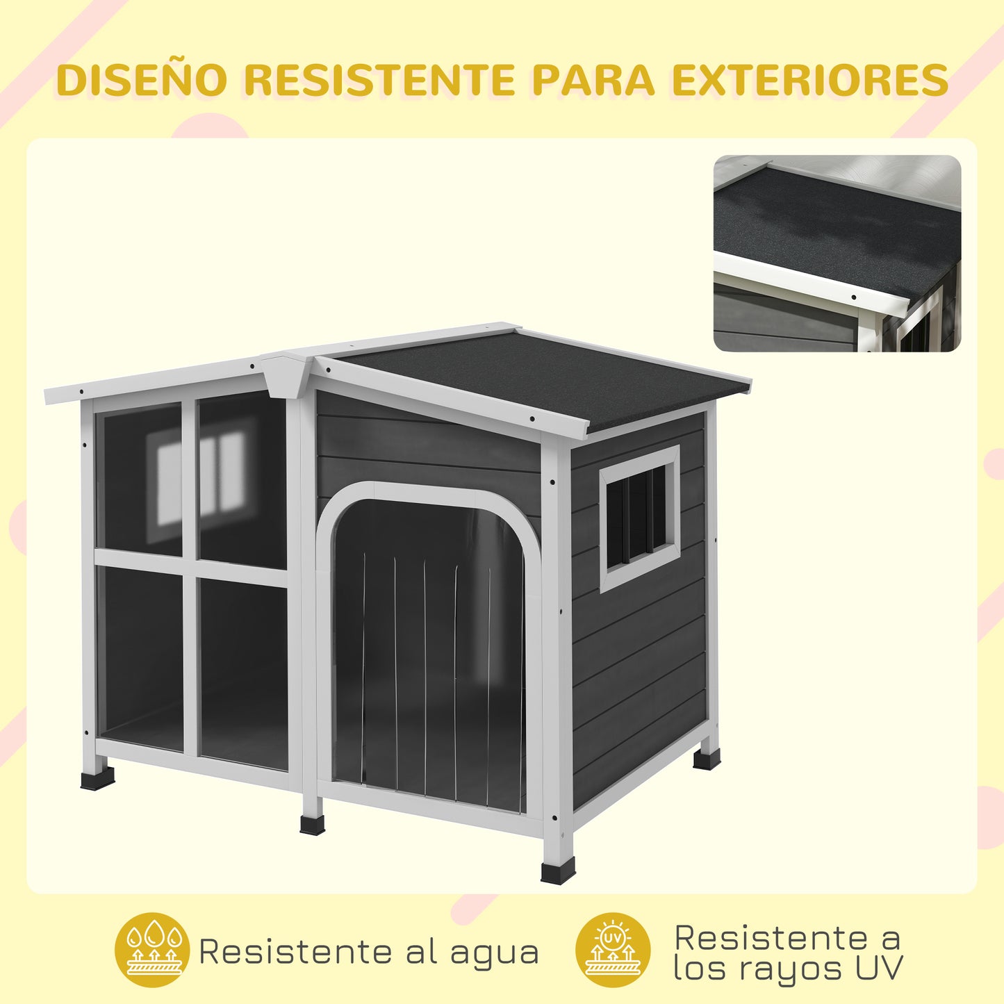 PawHut Caseta para Perros de Exterior Casa para Perros de Madera con Techo Abatible Frontal de Acrílico Puerta con Cortina y Fondo Extraíble para Interior y Exterior 101x66,5x70,5 cm Gris