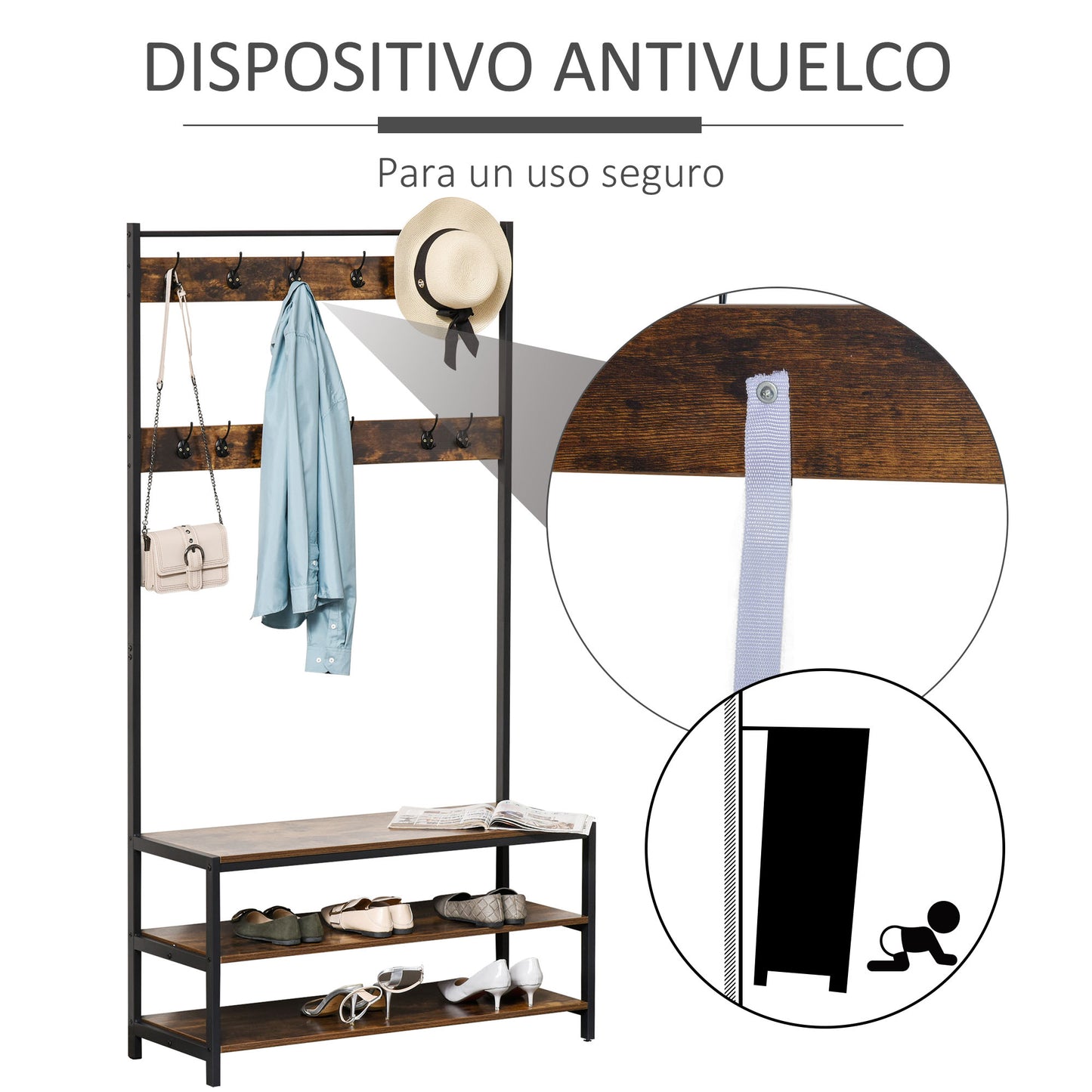 HOMCOM Perchero con Zapatero Perchero con 12 Ganchos Banco de 3 Estantes de Estilo Industrial Estructura Metálica 100x40x184 cm Marrón Rústico y Negro