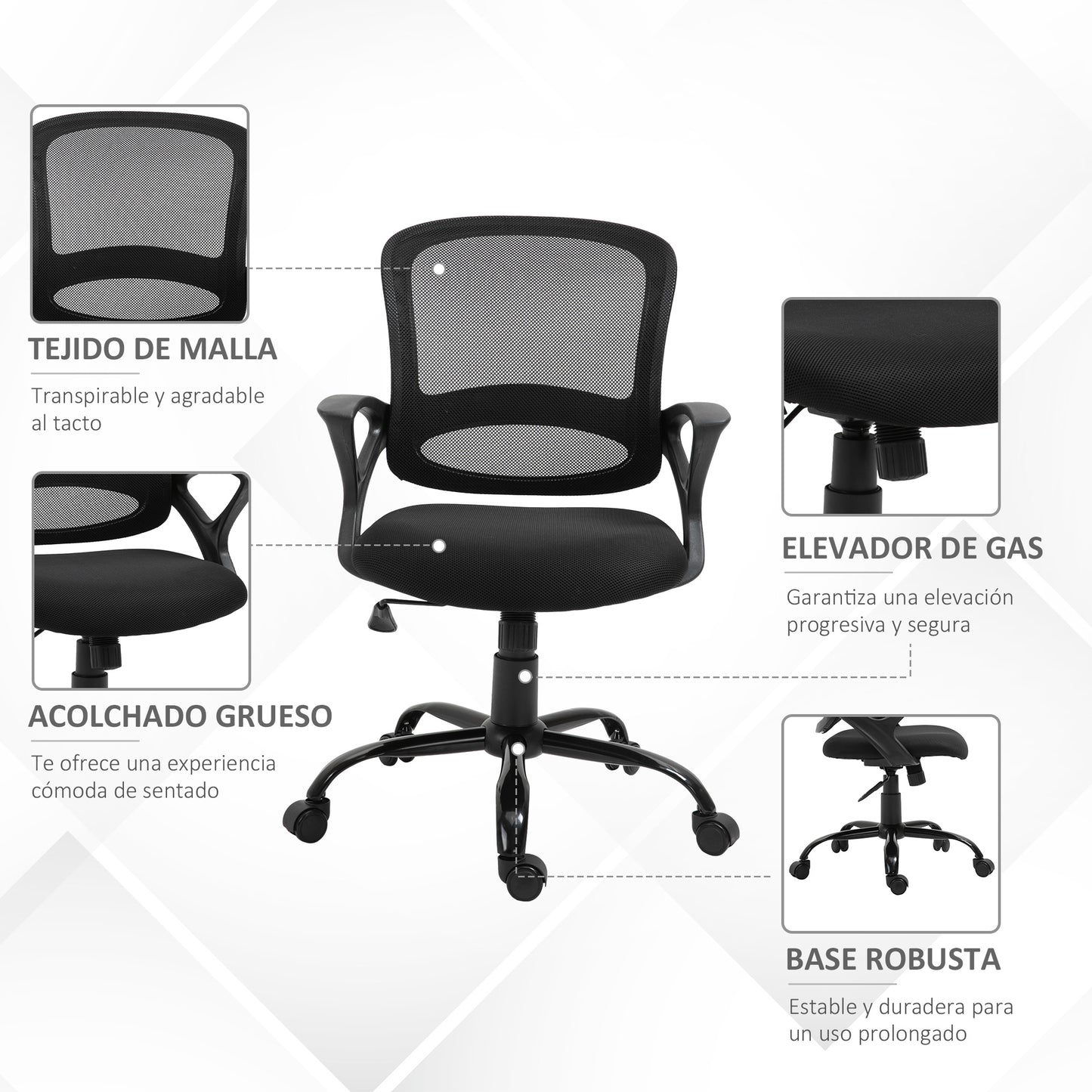 Vinsetto Silla de Oficina Silla de Escritorio Basculante para Adolescentes con Altura Ajustable Asiento Giratorio 360° y Soporte Lumbar Malla Transpirable 61x61x89-99 cm Negro