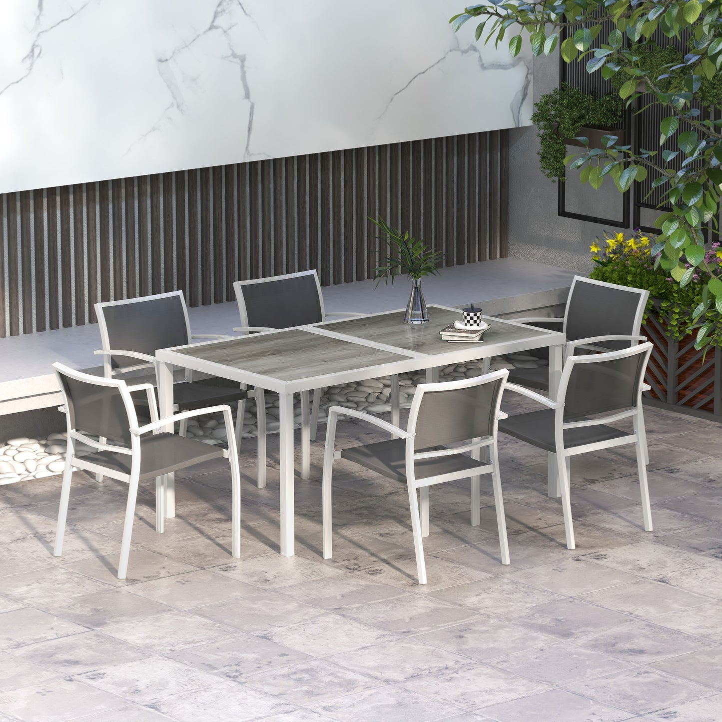 Outsunny Conjunto de Comedor de Exterior Juego de Comedor de Jardín de 7 Piezas con 1 Mesa y 6 Sillas Apilables Estilo Moderno para Terraza Patio Blanco y Gris