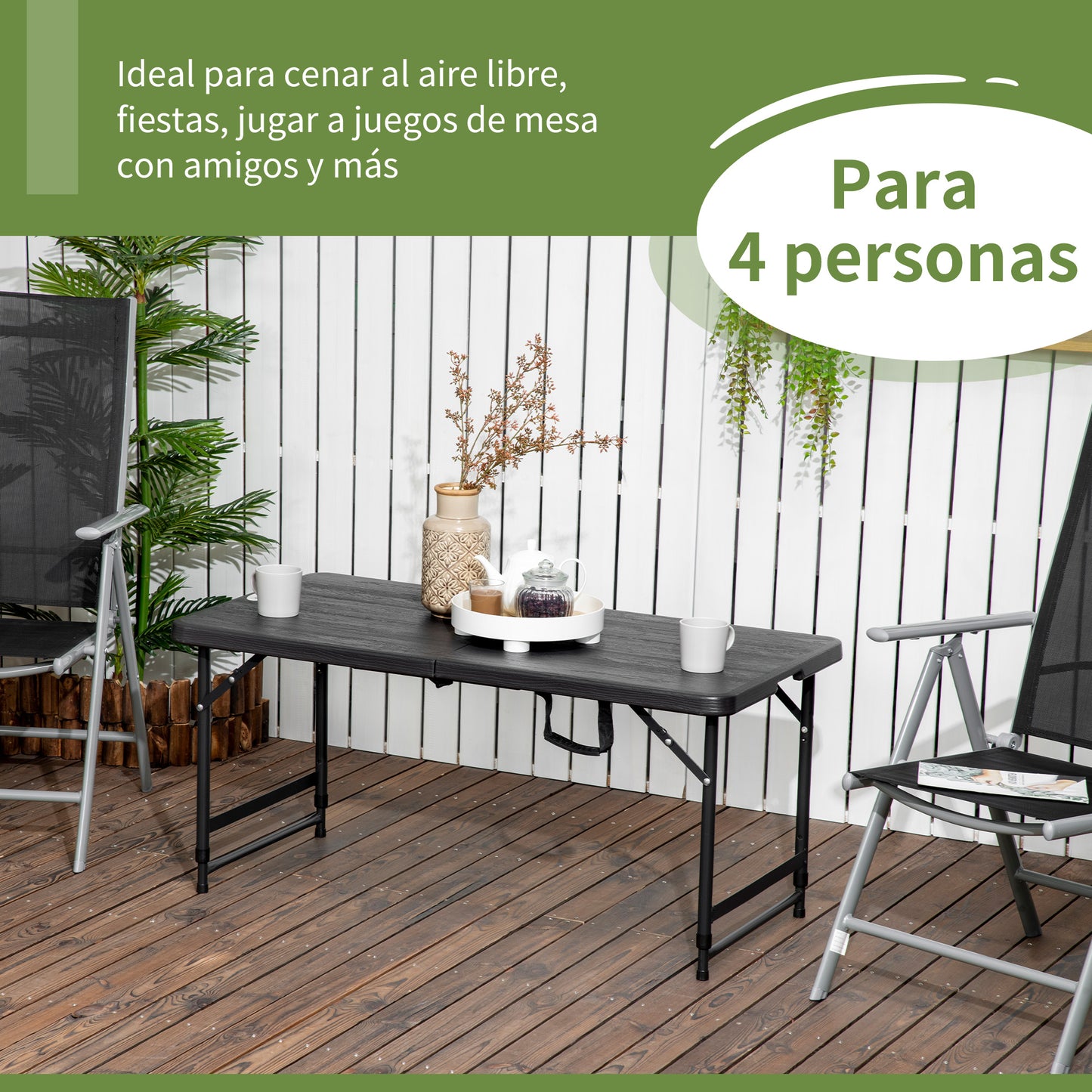 Outsunny Mesa de Jardín Rectangular Plegable Mesa de Comedor Exterior para 4 Personas con Altura Ajustable y Marco de Acero para Patio Terraza Balcón 118x60x56-74 cm Gris Oscuro