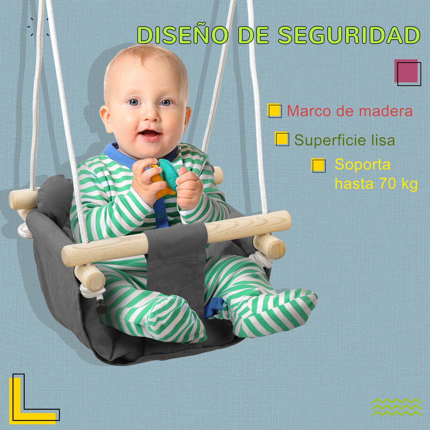 AIYAPLAY Columpio para Bebés de 9-36 Meses con Cuerdas Ajustables Columpio Infantil con Asiento Acolchado Carga 70 kg para Interiores y Exteriores 40x40x110-180 cm Gris Oscuro