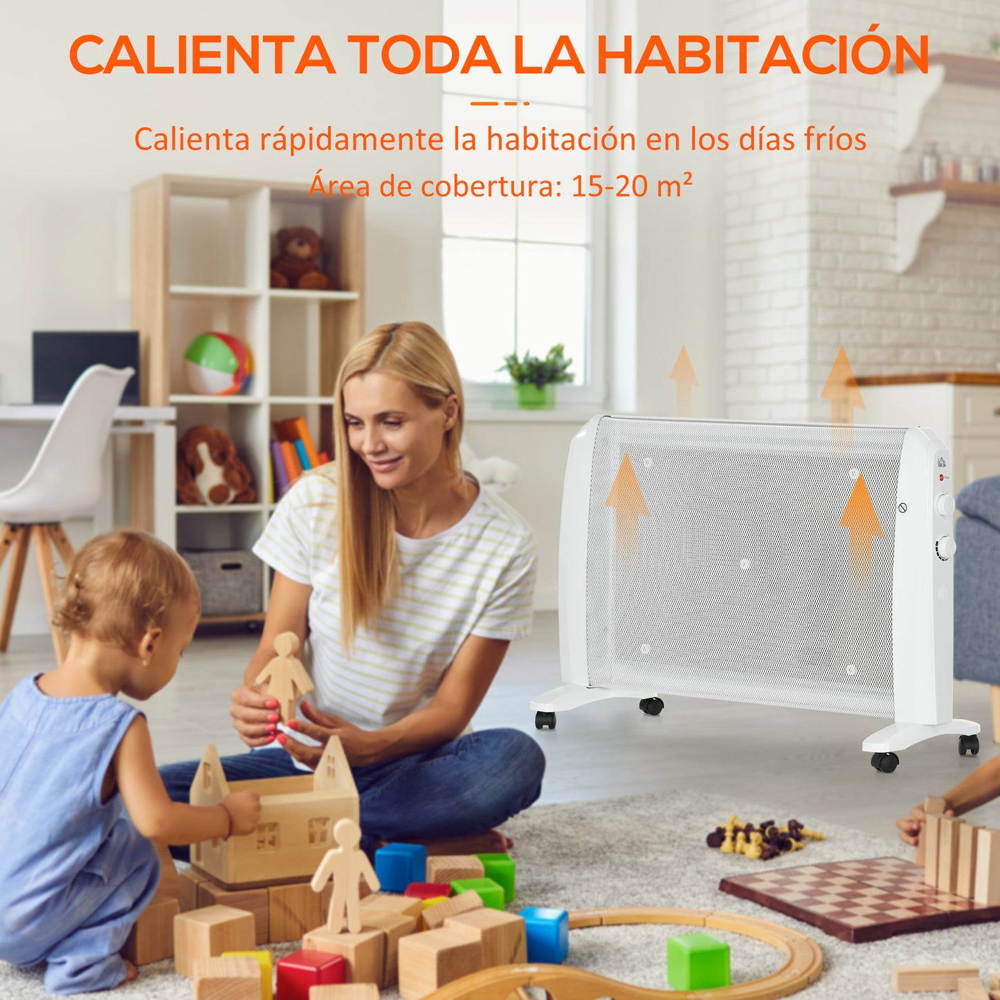 HOMCOM Calefactor Eléctrico 1000W/2000W Radiador de Mica con 2 Niveles de Potencia Termostato Regulable y 4 Ruedas para Sala de 15-20 m² Silencioso 79x27x54 cm Blanco