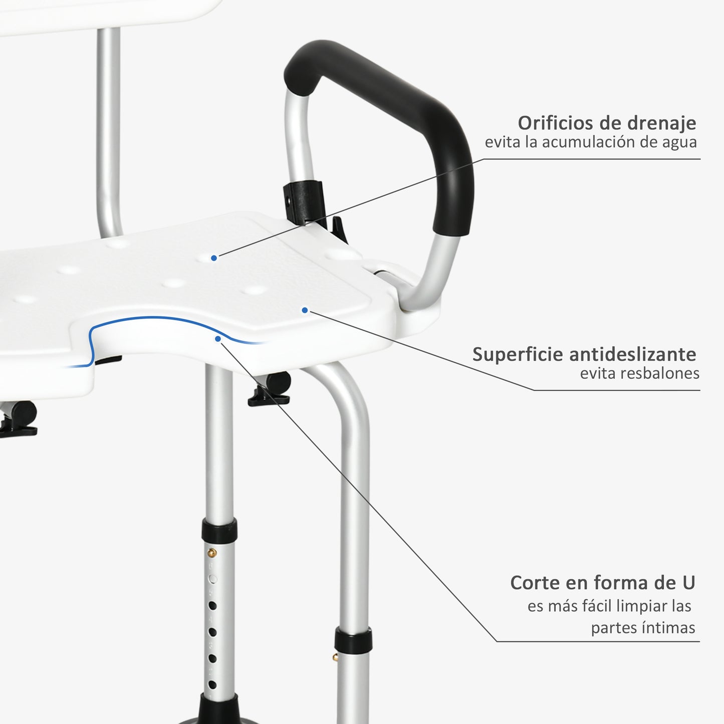 HOMCOM Silla Ducha Personas Mayores Silla para Ducha Taburete de Ducha Antideslizante con Altura Ajustable y Apoyabrazos Regulable Carga 136 kg