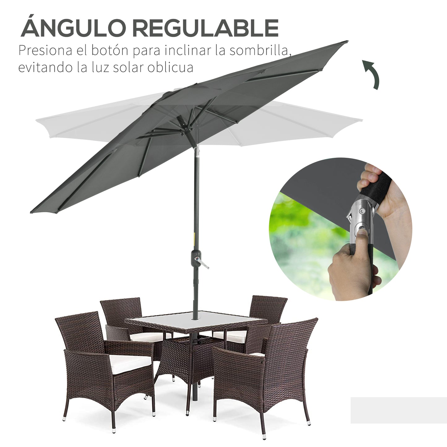 Outsunny Sombrilla de Jardín Øde Aluminio 264x253 cm Parasol de Jardín con Ángulo Ajustable Protección UV 50+ Manivela para Terraza Balcón Exterior Gris