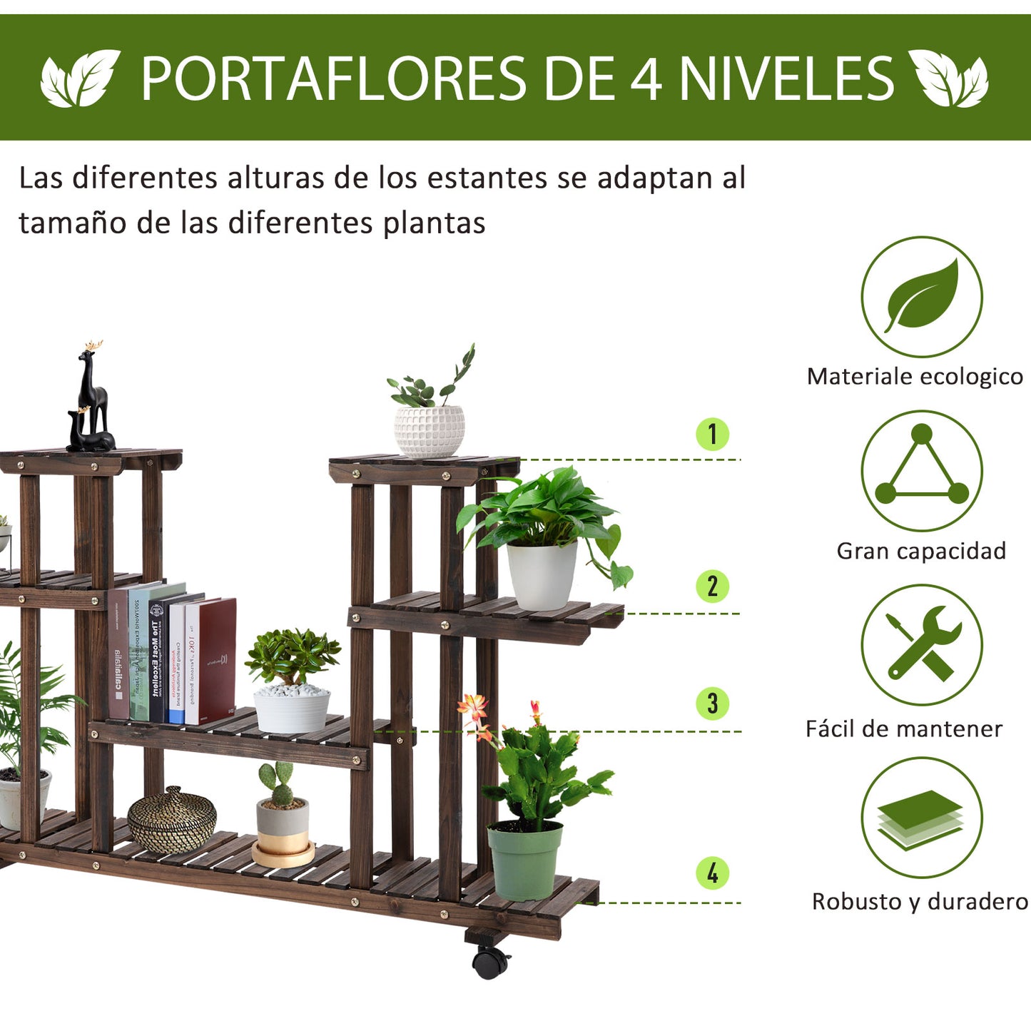 Outsunny Estantería para Plantas de 4 Niveles con Ruedas Soporte para Macetas Soporte para Plantas para Interiores y Exteriores Terraza Jardín Balcón 123,5x33x80 cm Marrón