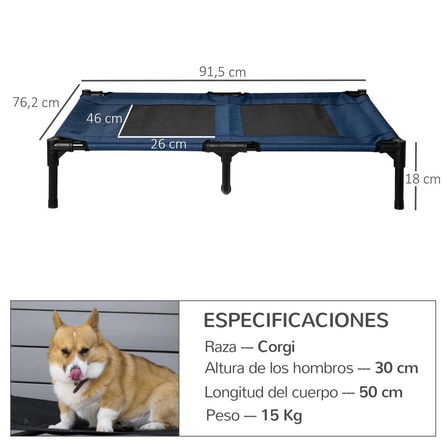 PawHut Cama Elevada para Perros Gatos Portátil Cama para Mascotas con Zona de Malla Transpirable y Tela Oxford para Interior Exterior 91,5x76,2x18 cm Azul