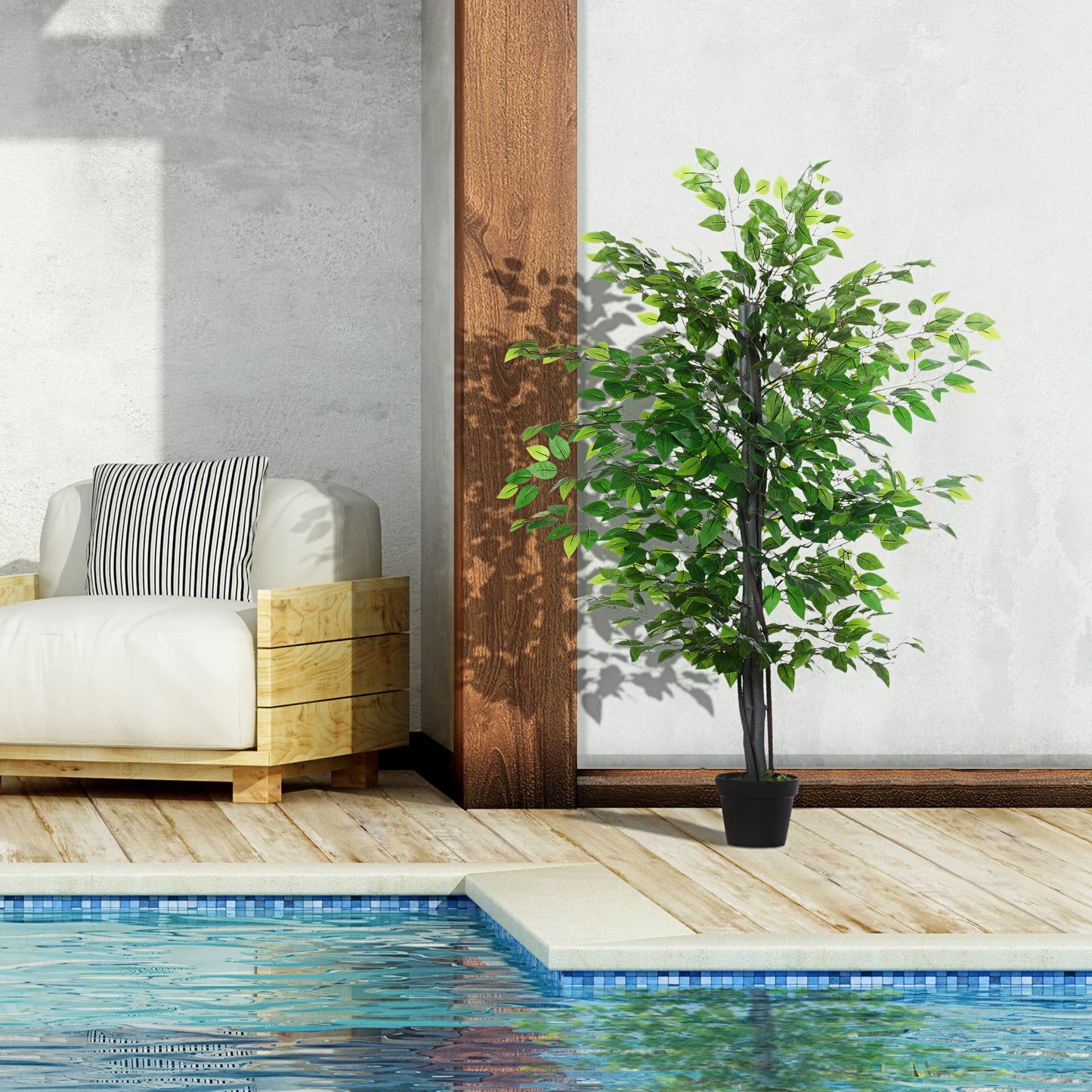 Outsunny Planta Artificial Ficus Artificial de 145 cm con 756 Hojas y Maceta para Decoración Interior y Exterior Ø20x145 cm Verde