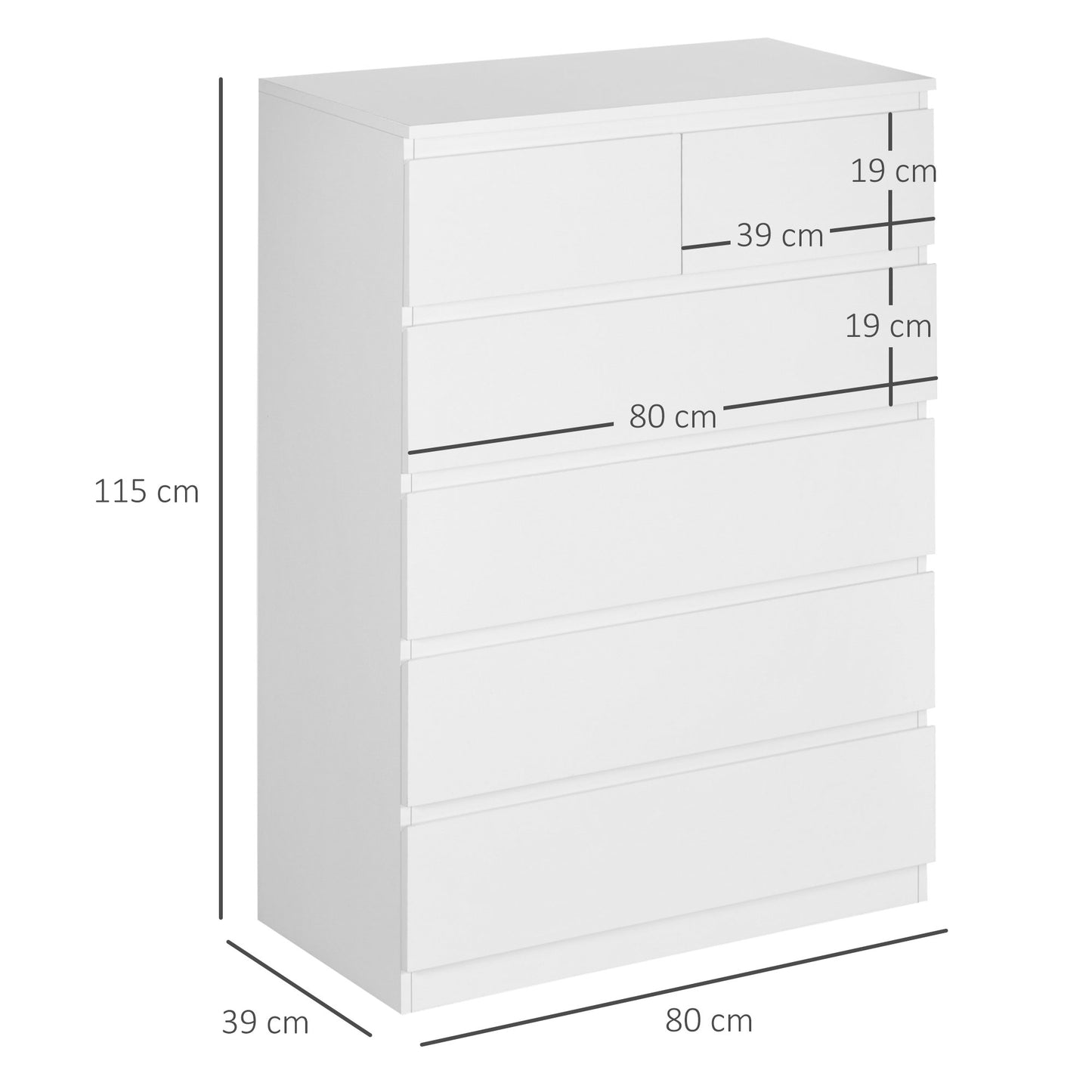 HOMCOM Cómoda Moderno con 6 Cajones Cajonera de Madera Cómoda de Dormitorio para Entrada Salón Oficina Carga 50 kg 80x39x115 cm Blanco