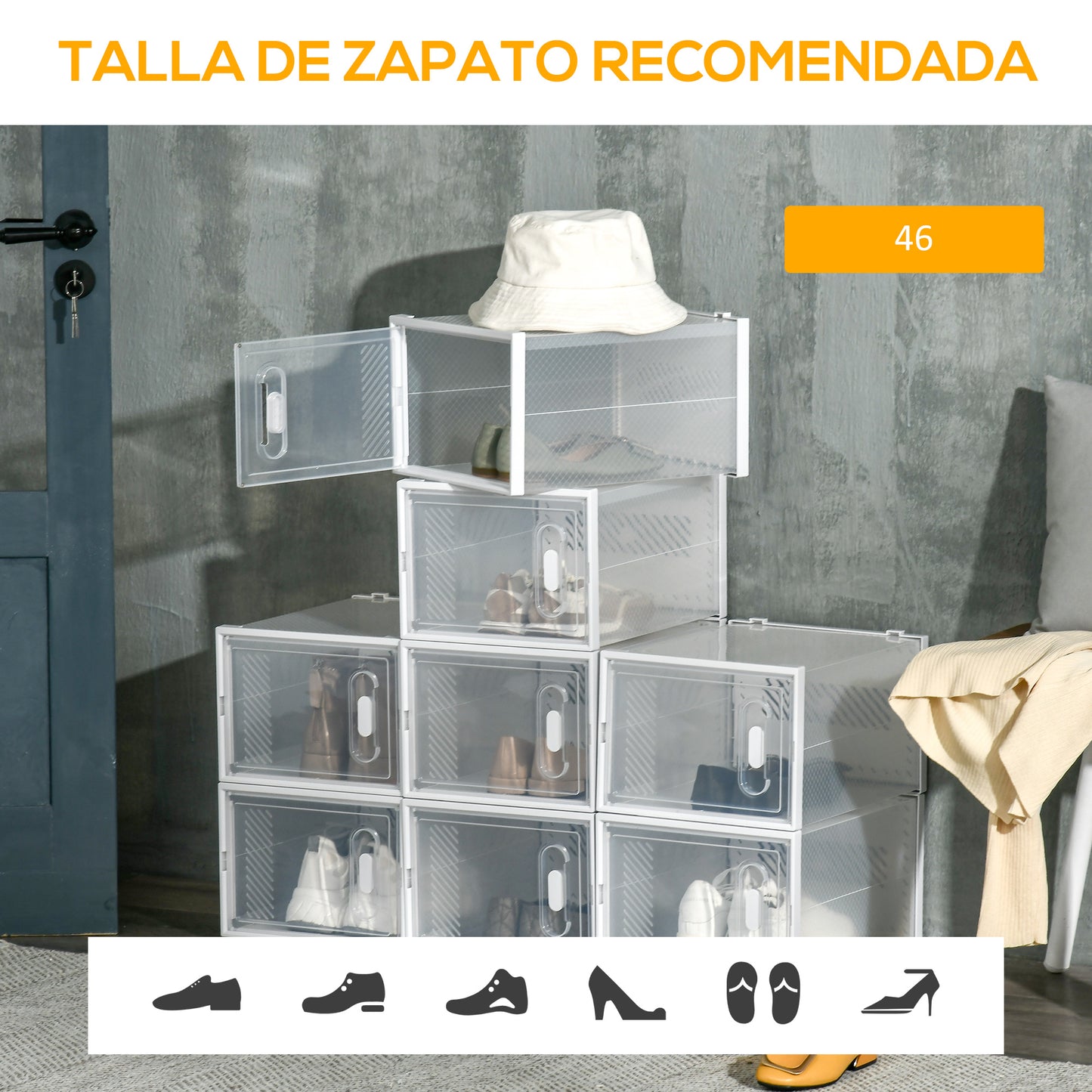 HOMCOM Cajas de Zapatos de Plástico Juego de 8 Organizadores de Almacenamiento Caja Zapatero Apilable Puertas Magnéticas para Aromas para Entrada Pasillo hasta Talla 45 Transparente