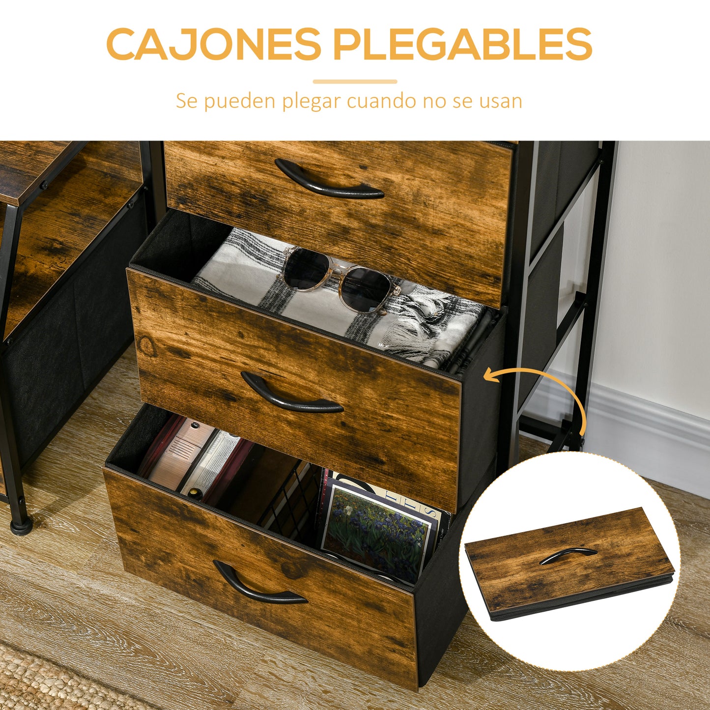 HOMCOM Cómoda Cajonera Cómoda de Madera con 3 Cajones de Tela Plegable y Estante Abierto para Salón Oficina Dormitorio Estilo Industrial Antivuelco 44x29x92 cm Marrón Rústico