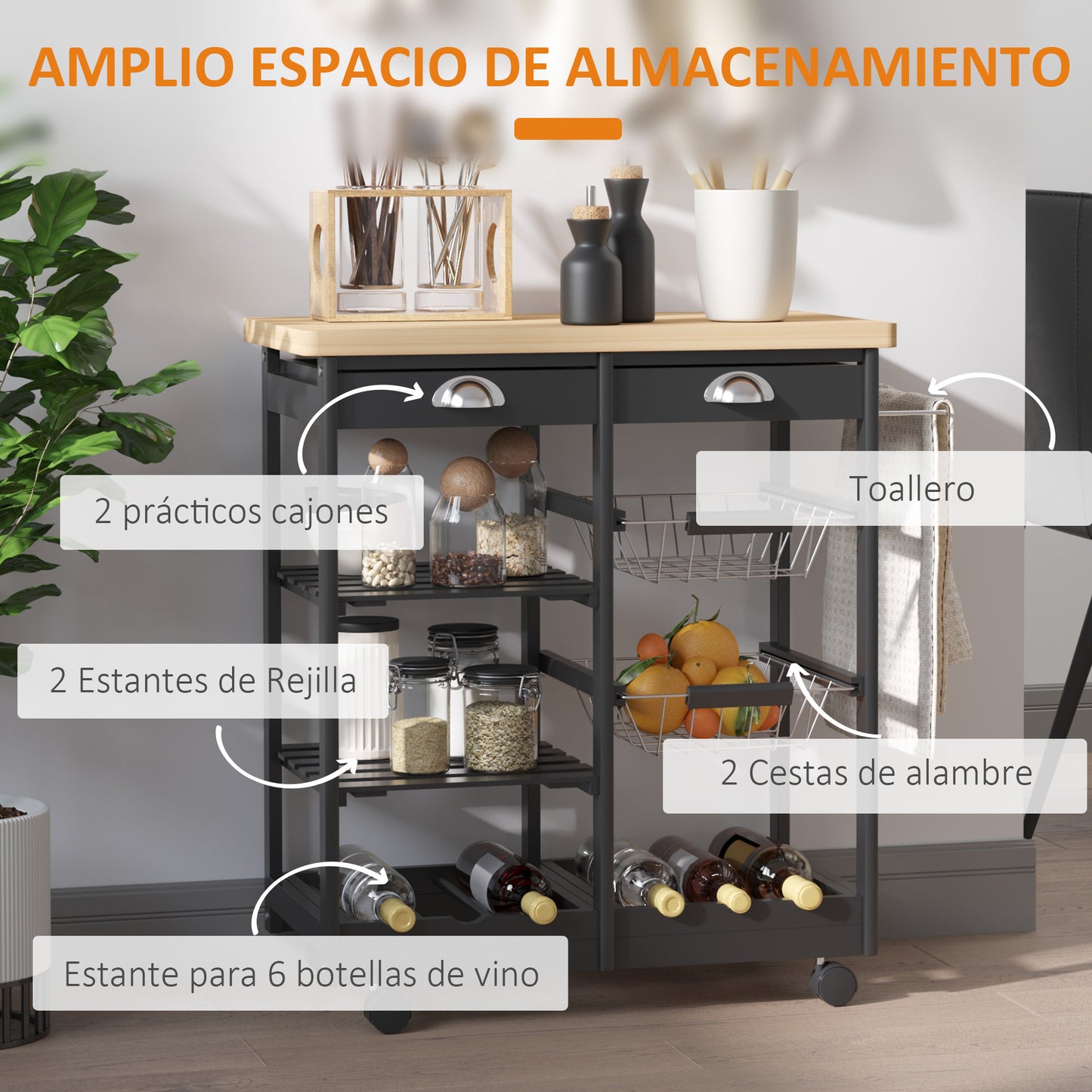 HOMCOM Carrito Auxiliar con Ruedas Carrito Verdulero Carro de Cocina con 2 Cajones 2 Cestas y 2 Estantes para Comedor 74x37x76 cm Negro