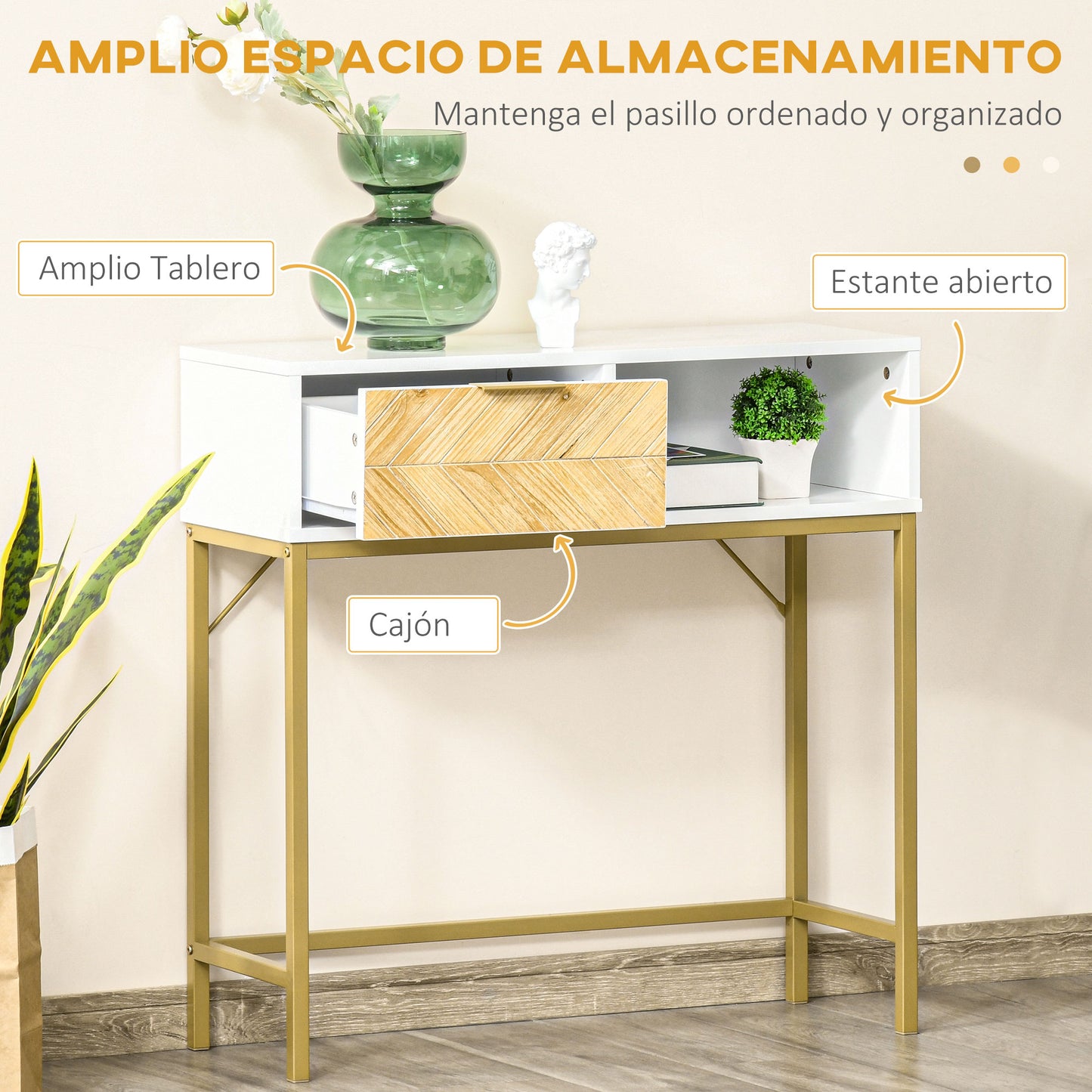 HOMCOM Consola para Recibidor Mueble para Recibidor Estilo Moderno con Cajón y Estante Abierto para Entrada Pasillo 80x30x80,5 cm Blanco y Dorado