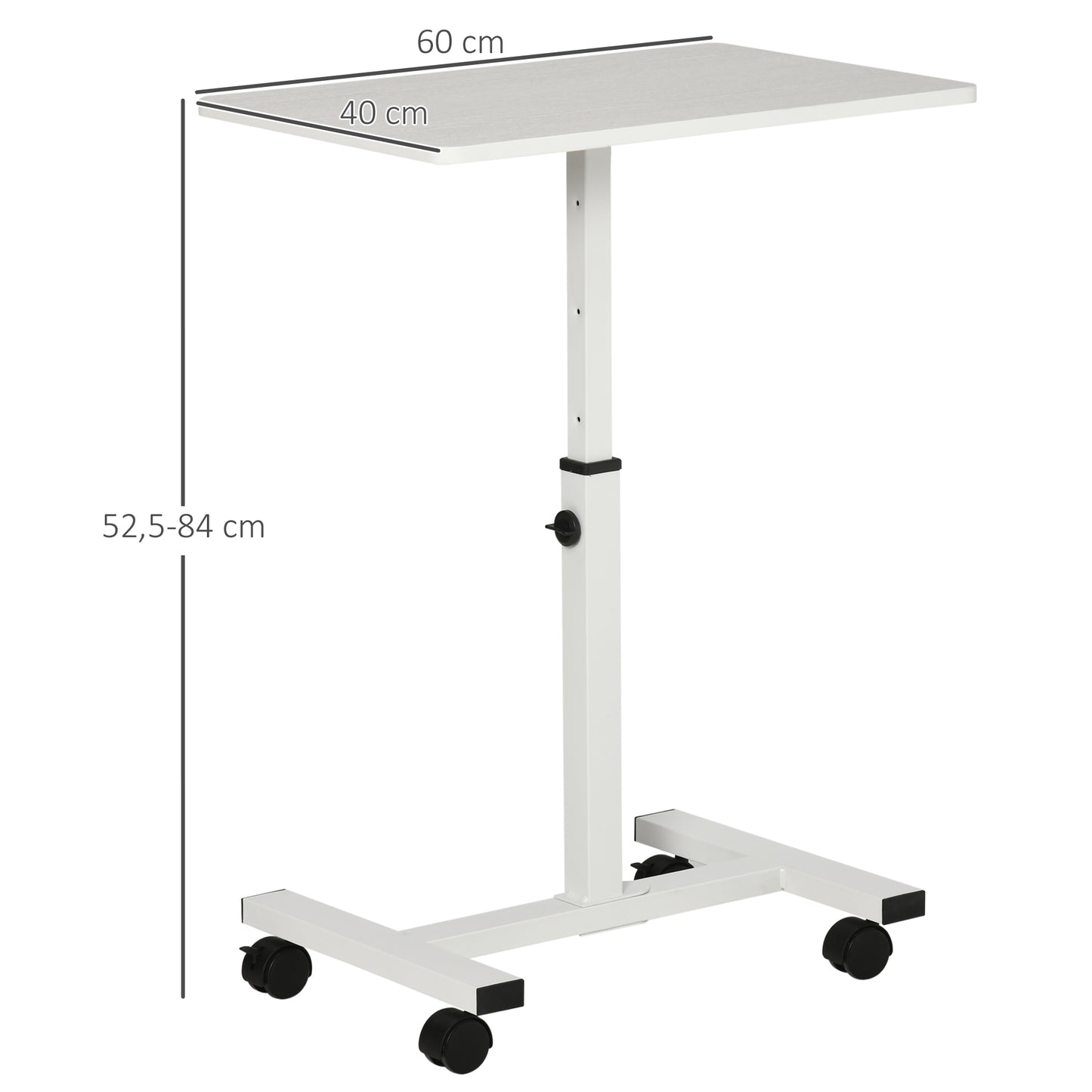 HOMCOM Mesa Auxiliar con Ruedas Mesita Lateral para Sofá Cama con Altura Ajustable Marco de Metal y Frenos para Dormitorio Salón 60x40x52,5-84 cm Blanco