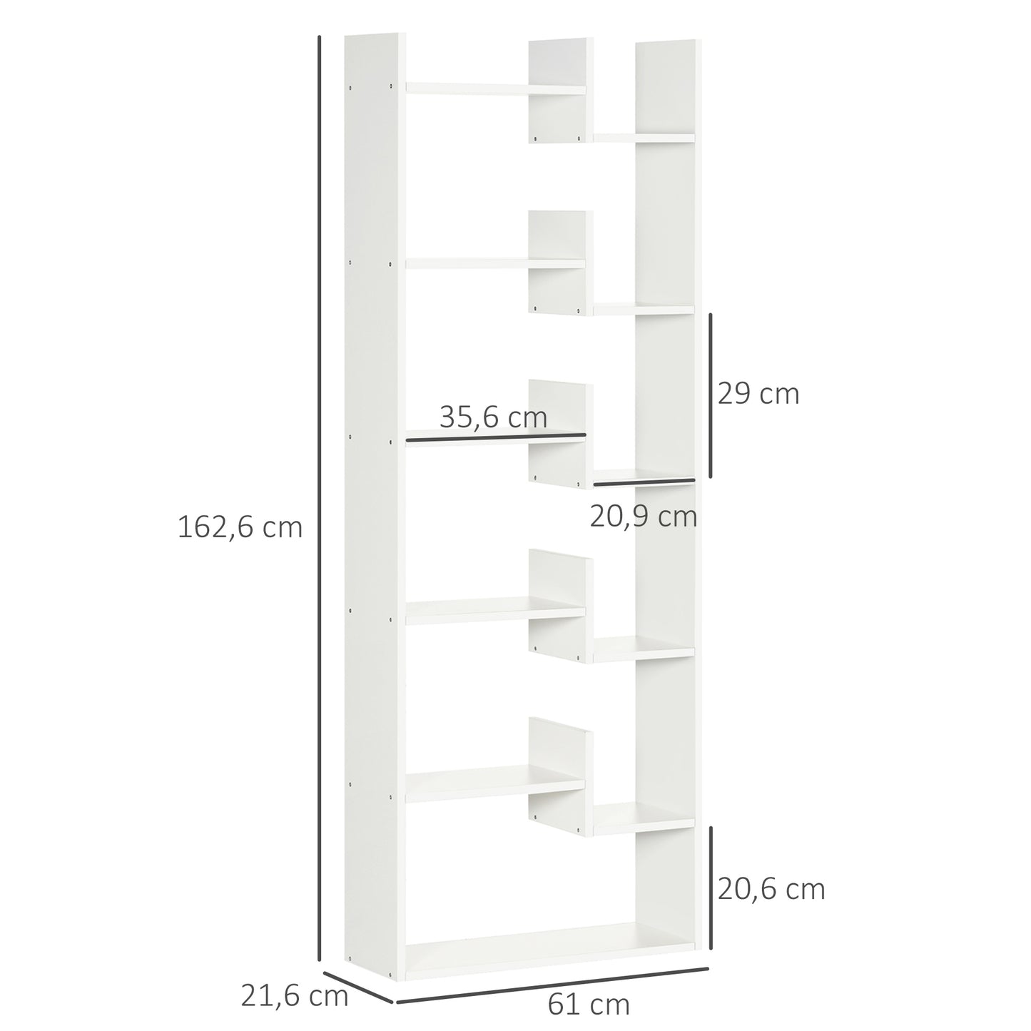 HOMCOM Estantería Librería de 6 Niveles Estantería de Madera con 11 Compartimientos Abiertos para Salón Oficina Estudio Antivuelco Carga 30 kg 61x21,6x162,6 cm Blanco