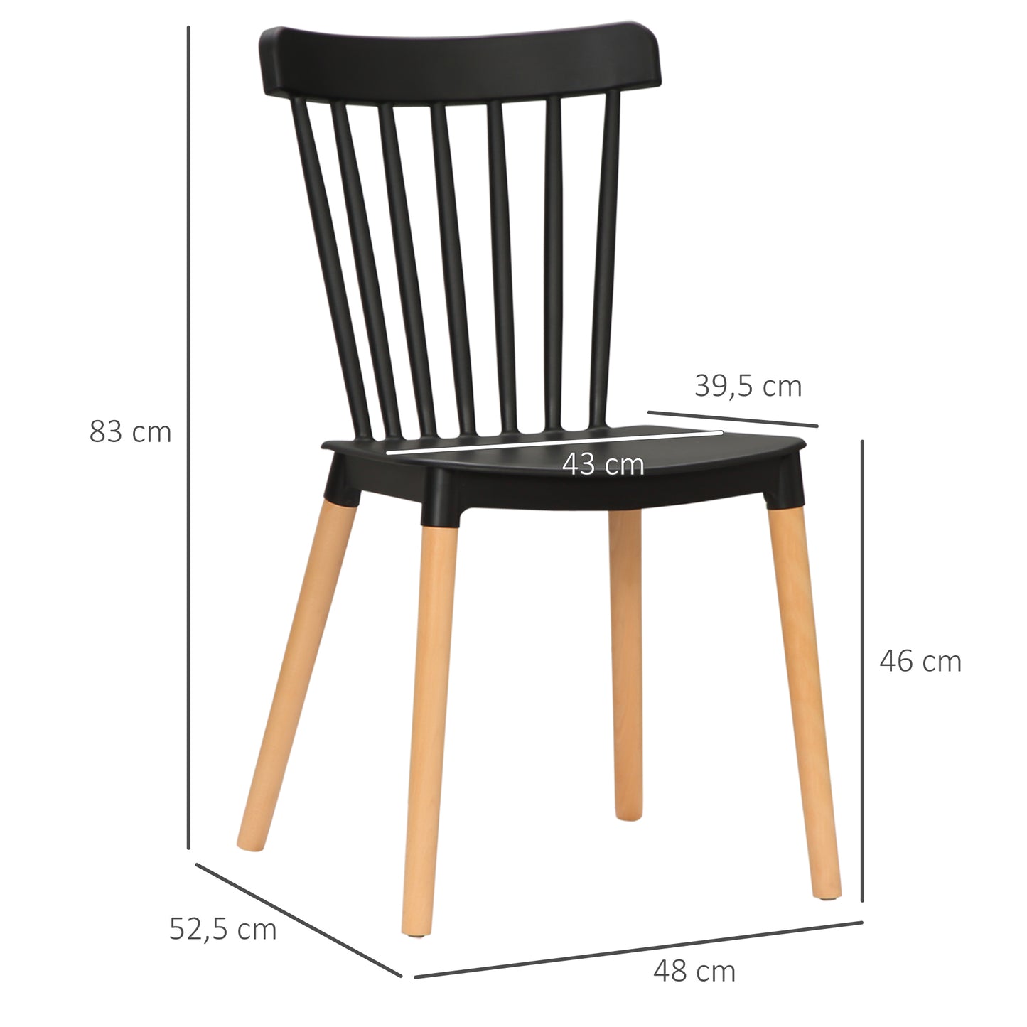 HOMCOM Juego de 4 Sillas de Comedor Estilo Nórdico Sillas de Cocina con Respaldo Alto Asiento de Polipropileno y Patas de Madera de Haya Carga 120 kg 48x52,5x83 cm Negro