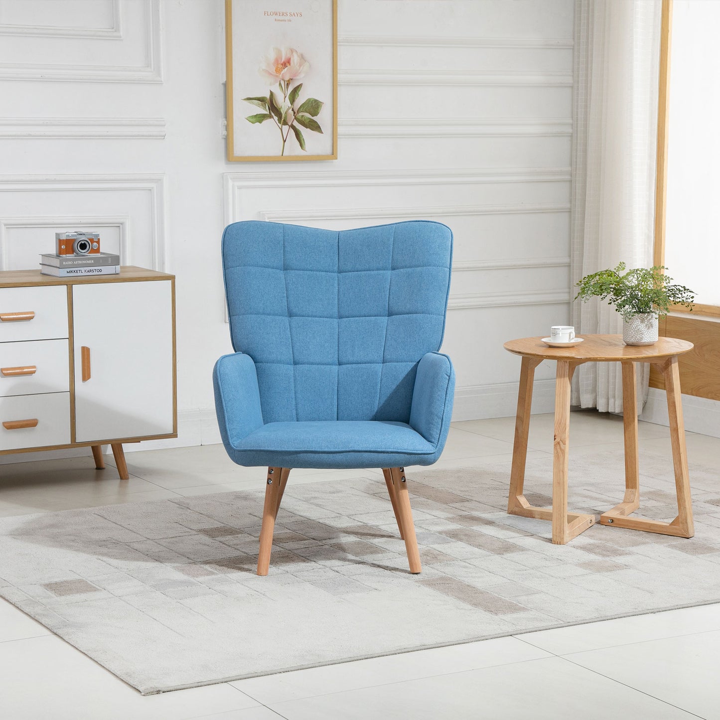 HOMCOM Sillón de Salón Moderno Butaca de Dormitorio con Respaldo Alto Reposabrazos Tela de Lino y Patas de Madera para Sala de Estar 71x76x101 cm Azul