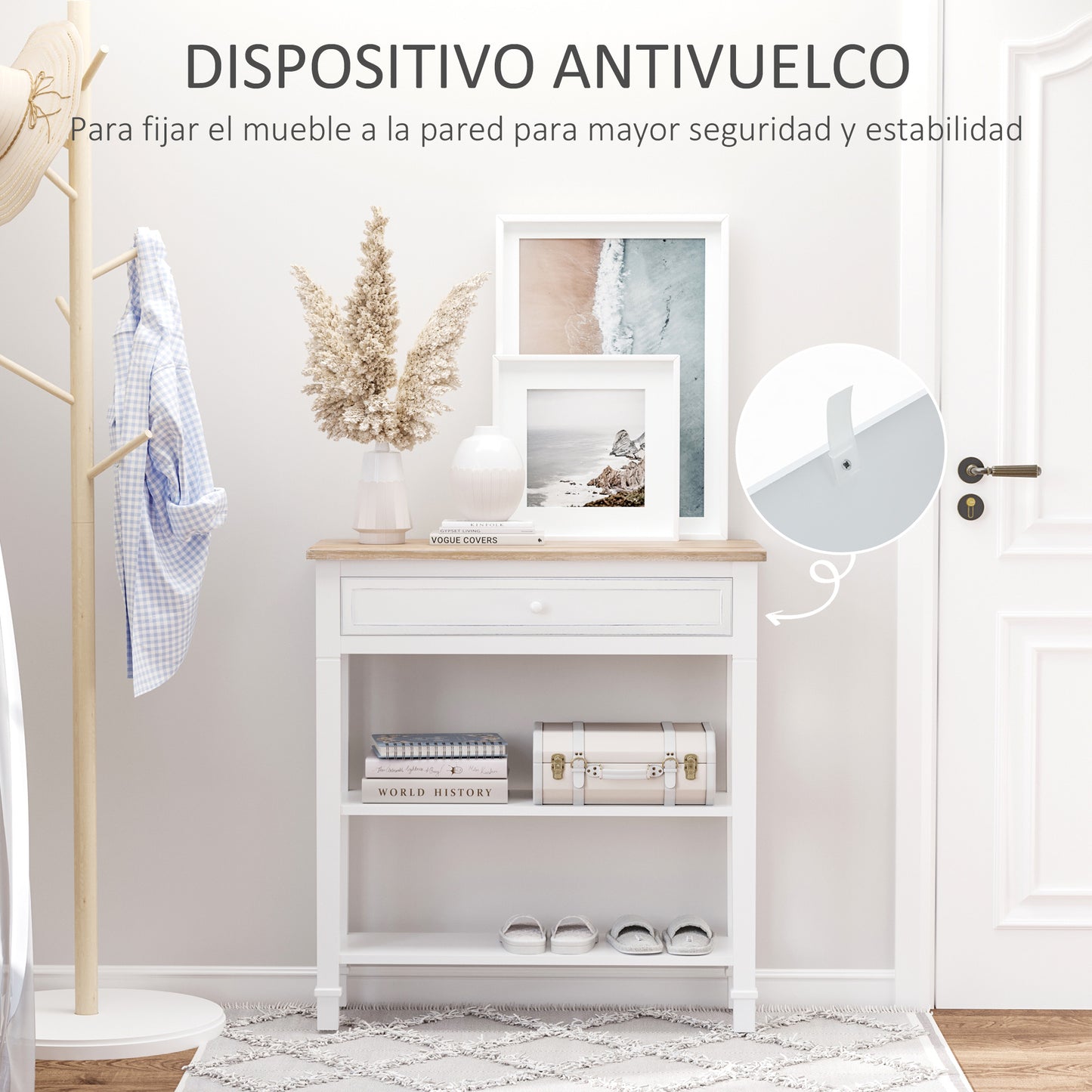 HOMCOM Mesa de Consola Multifuncional Mesa Auxiliar para Sala Pasillo Comedor con 2 Estantes 1 Cajón Extraíble Manija Estilo de Retro Pino 75,6x27,5x80,5 cm Madera Natural Blanco