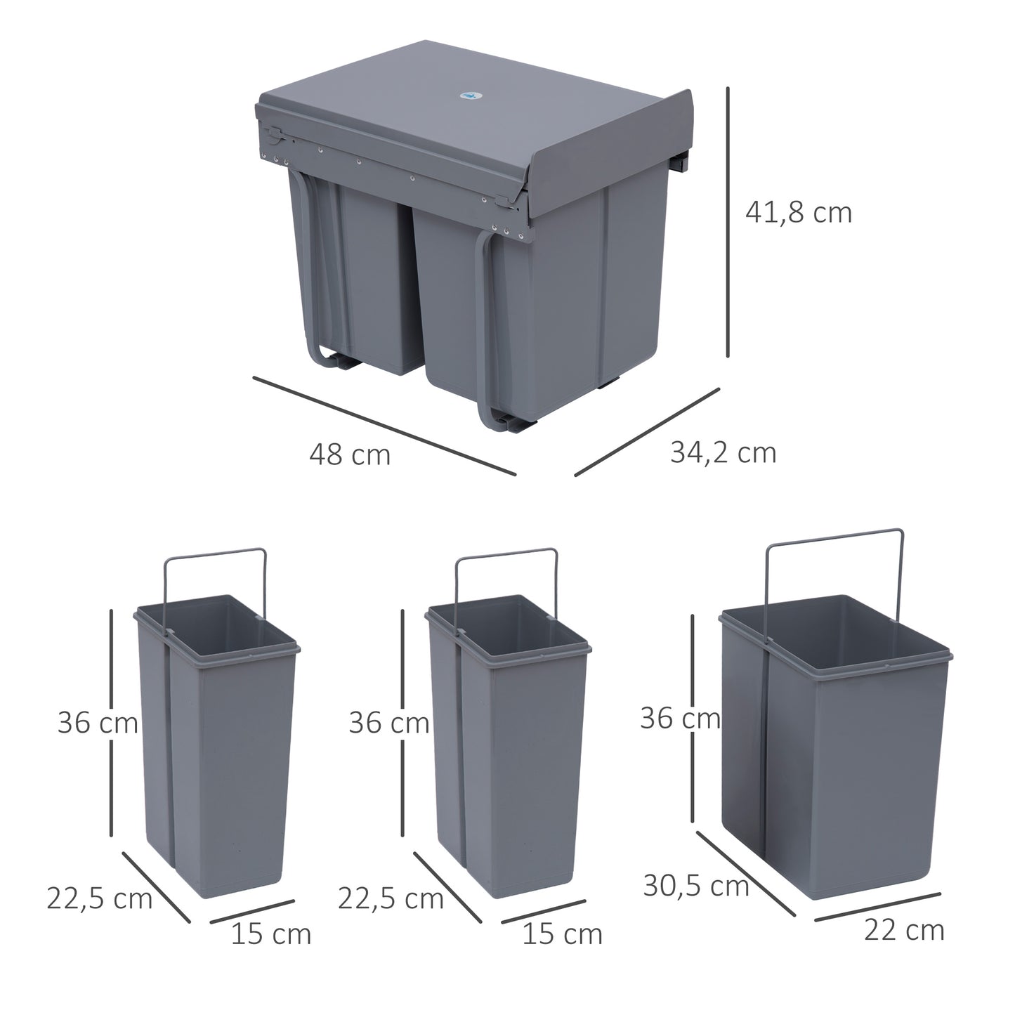 HOMCOM Cubo de Basura Cocina Papelera de Cocina 3 Contenedores de Reciclaje 1x20L y 2x10L Clasificación de Residuos Metal y Plástico 48x34,2x41,8 cm Gris