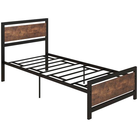 HOMCOM Marco de Cama de Acero Estructura de Cama Somier con Cabecera para Colchón 90x190 cm Carga 150 kg 97x195x103 cm Negro y Marrón