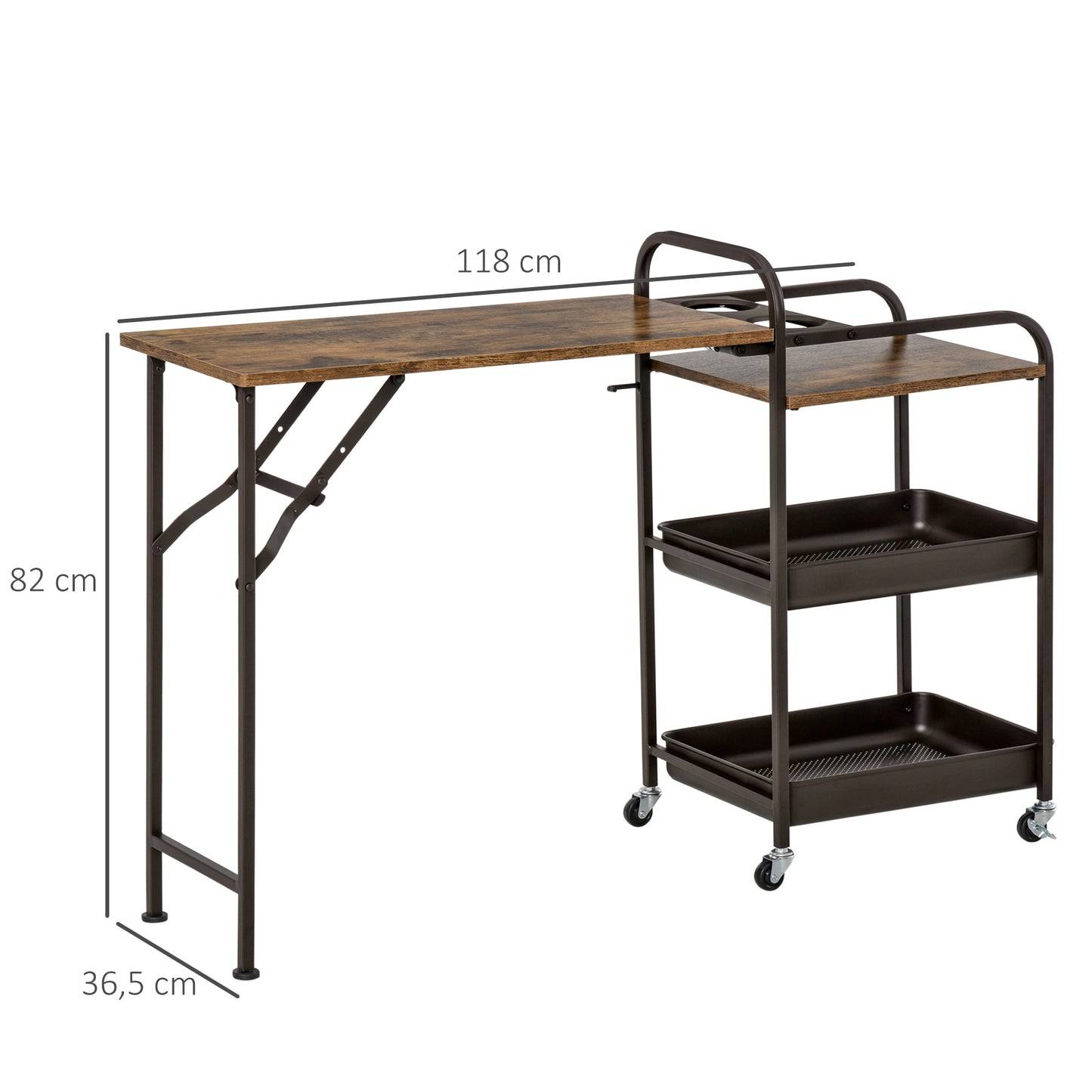 HOMCOM Carro de Cocina con Ruedas Carrito Auxiliar con Estantes de 3 Niveles Hoja Abatible y 2 Portavasos Multiusos para Comedor 118x36,5x82 cm Marrón Rústico