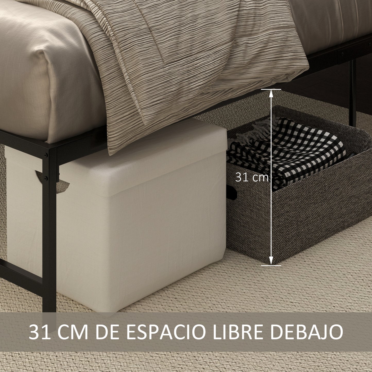 HOMCOM Marco de Cama Doble de Metal para Colchón 135x190 cm con Patas de 35 cm Estructura de Cama Matrimonio con Espacio Bajo de Almacenamiento 141,5x195x35 cm Negro