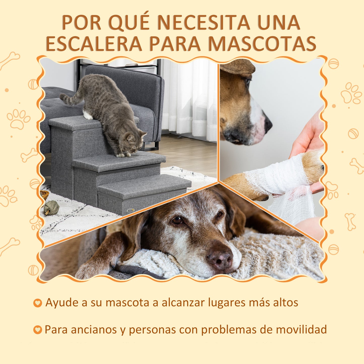 PawHut Escalera para Mascotas de 3 Peldaños Escalones para Perros Gatos con Tapas Abribles y Espacio de Almacenamiento 63,5x42,5x40,5 cm Gris