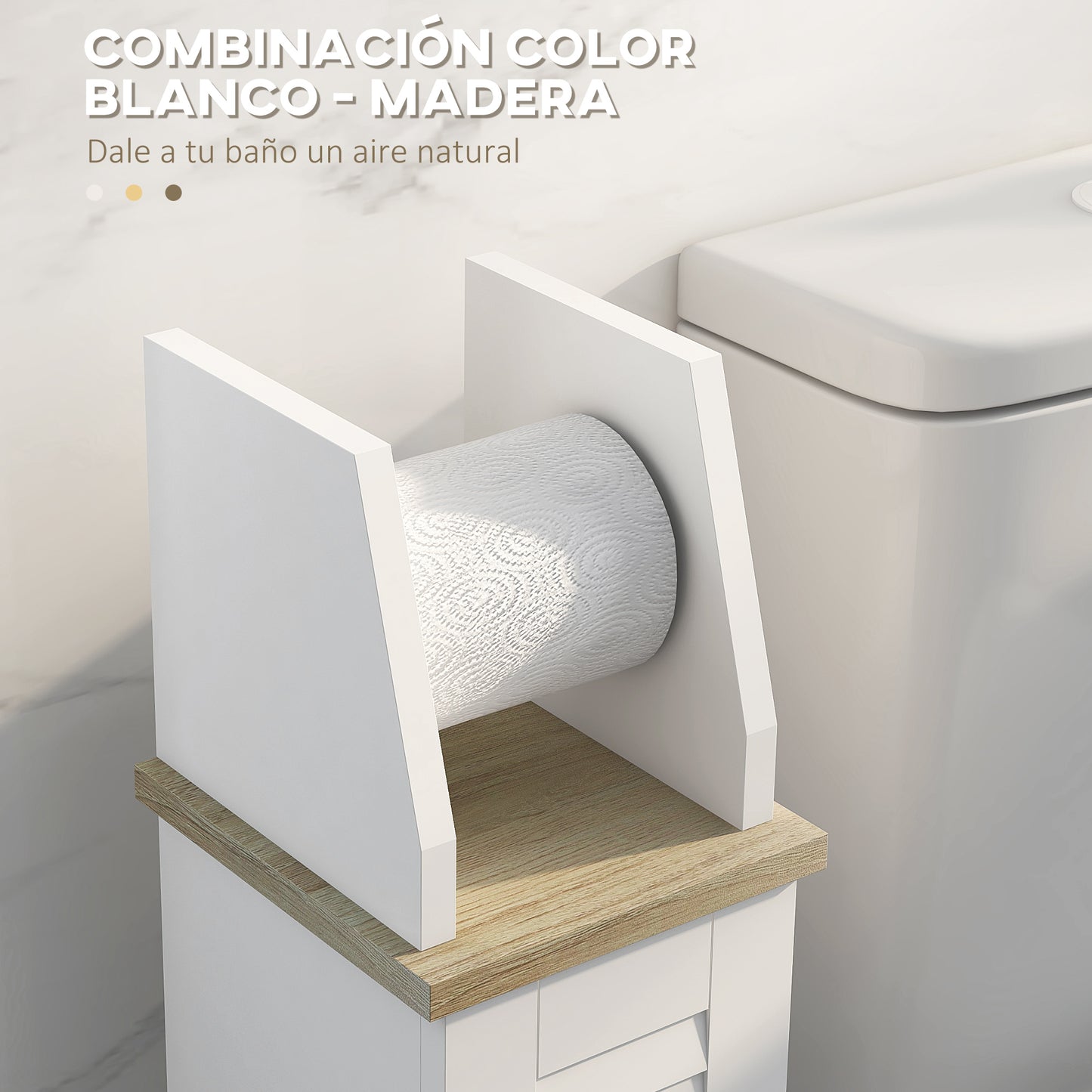 kleankin Armario de Baño Moderno Columna Auxiliar de Baño Mueble de Suelo de Baño con Estantes Ajustables y Portarrollos de Papel 18x20x80 cm Blanco